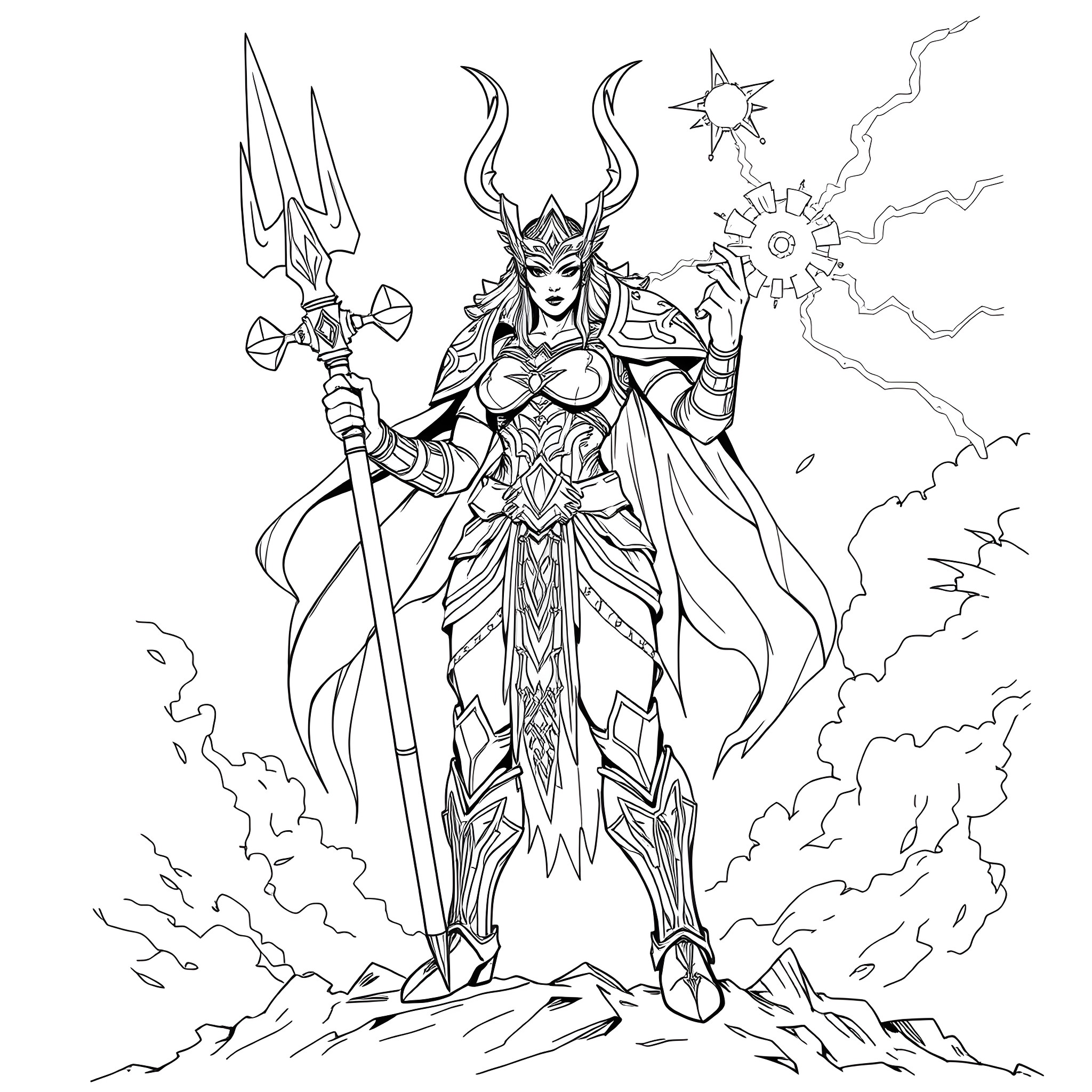 Nemesis, the Powerful Warrior Goddess Coloring Page (free black-and-white line drawing printable PDF for all, from beginners to advanced learners, including children, teens, adults, and seniors)