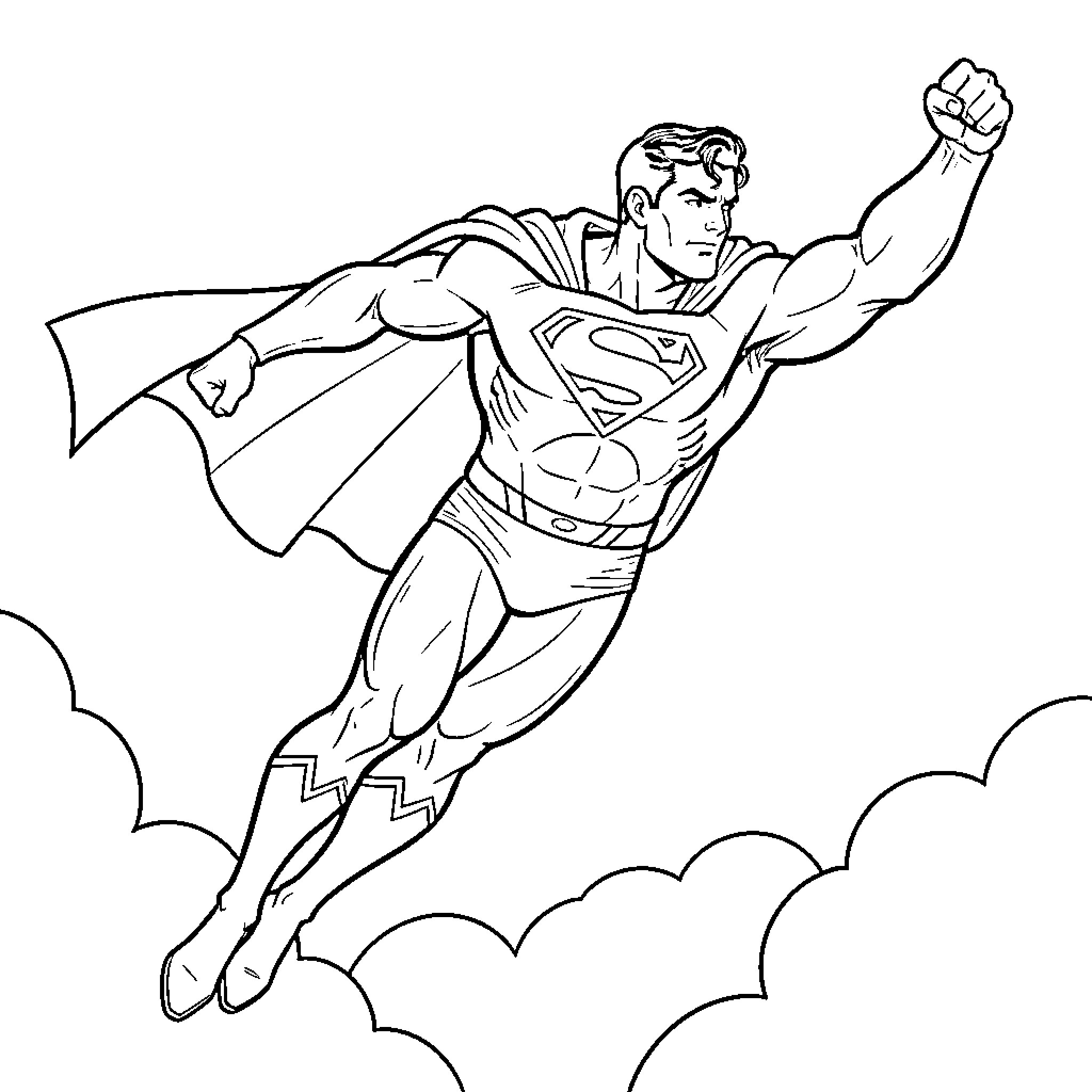 Superman flying heroically through the clouds Coloring Page (free black-and-white line drawing printable PDF for all, from beginners to advanced learners, including children, teens, adults, and seniors)