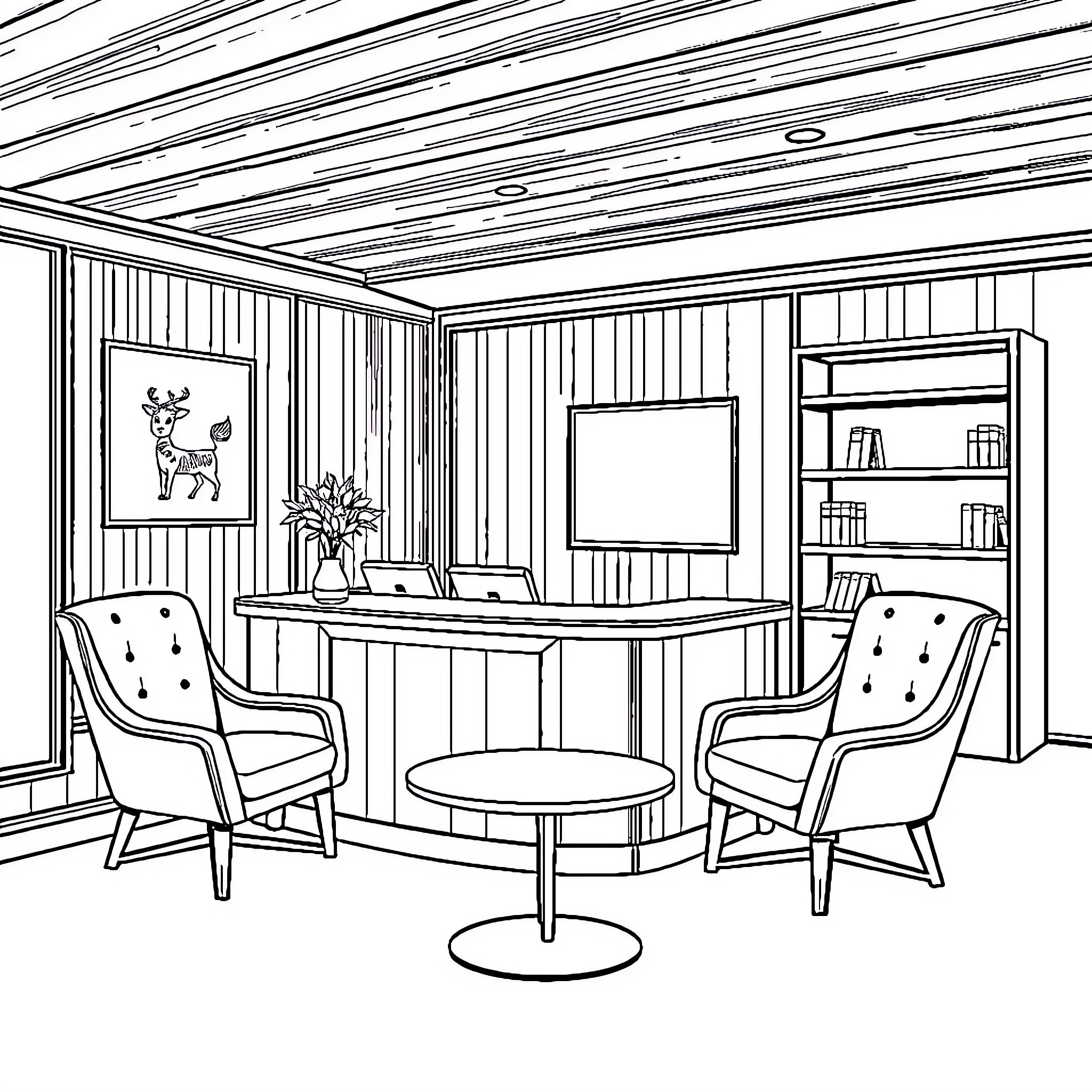 Reception Desk with Cozy Seating Area Coloring Page (free black-and-white line drawing printable PDF for all, from beginners to advanced learners, including children, teens, adults, and seniors)