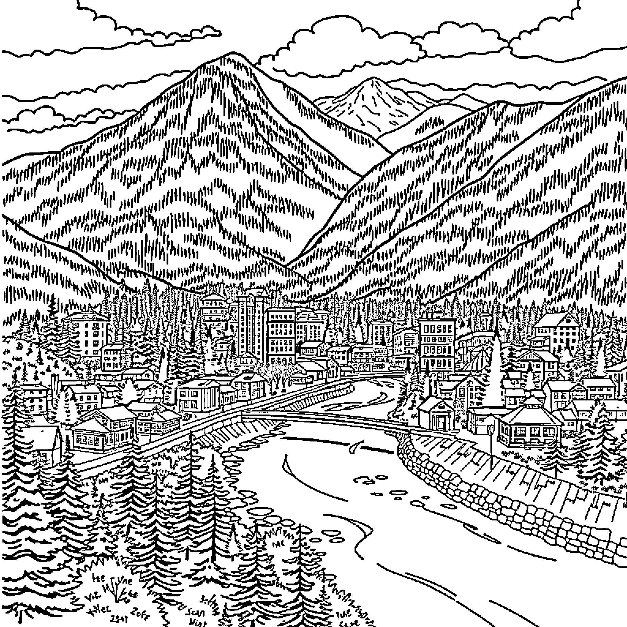 Chilliwack's Scenic Mountain Cityscape Coloring Page (free black-and-white line drawing printable PDF for all, from beginners to advanced learners, including children, teens, adults, and seniors)