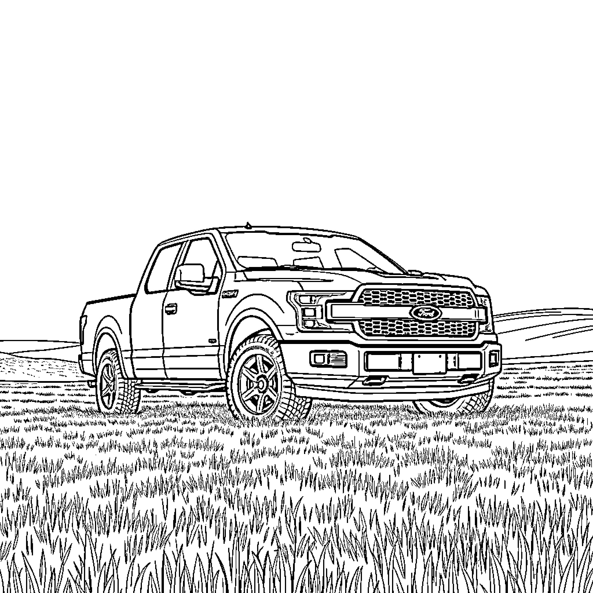 Ford F150 Truck Parked in Grassy Field Coloring Page (free black-and-white line drawing printable PDF for all, from beginners to advanced learners, including children, teens, adults, and seniors)