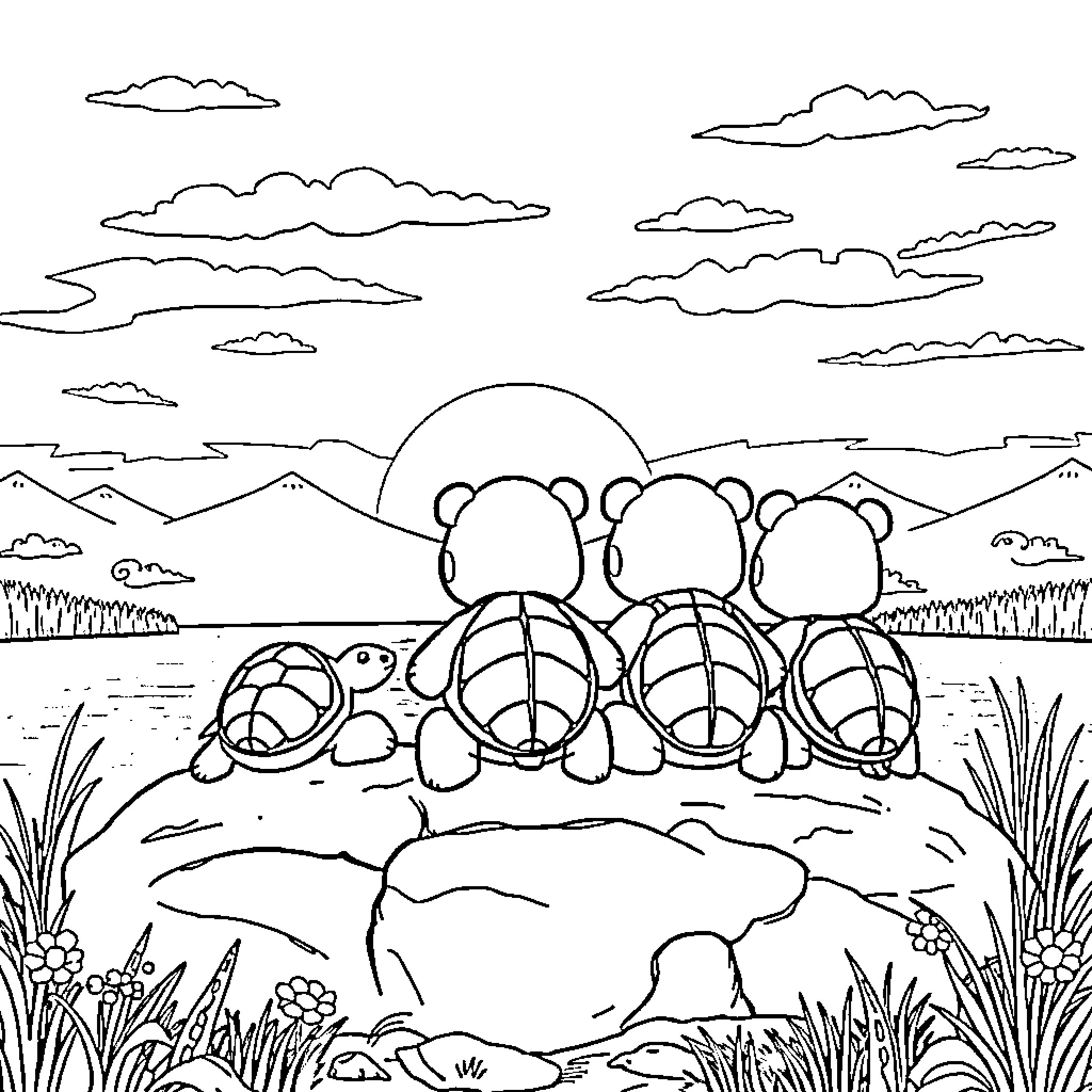 Turtles celebrating peace in serene nature Coloring Page (free black-and-white line drawing printable PDF for all, from beginners to advanced learners, including children, teens, adults, and seniors)