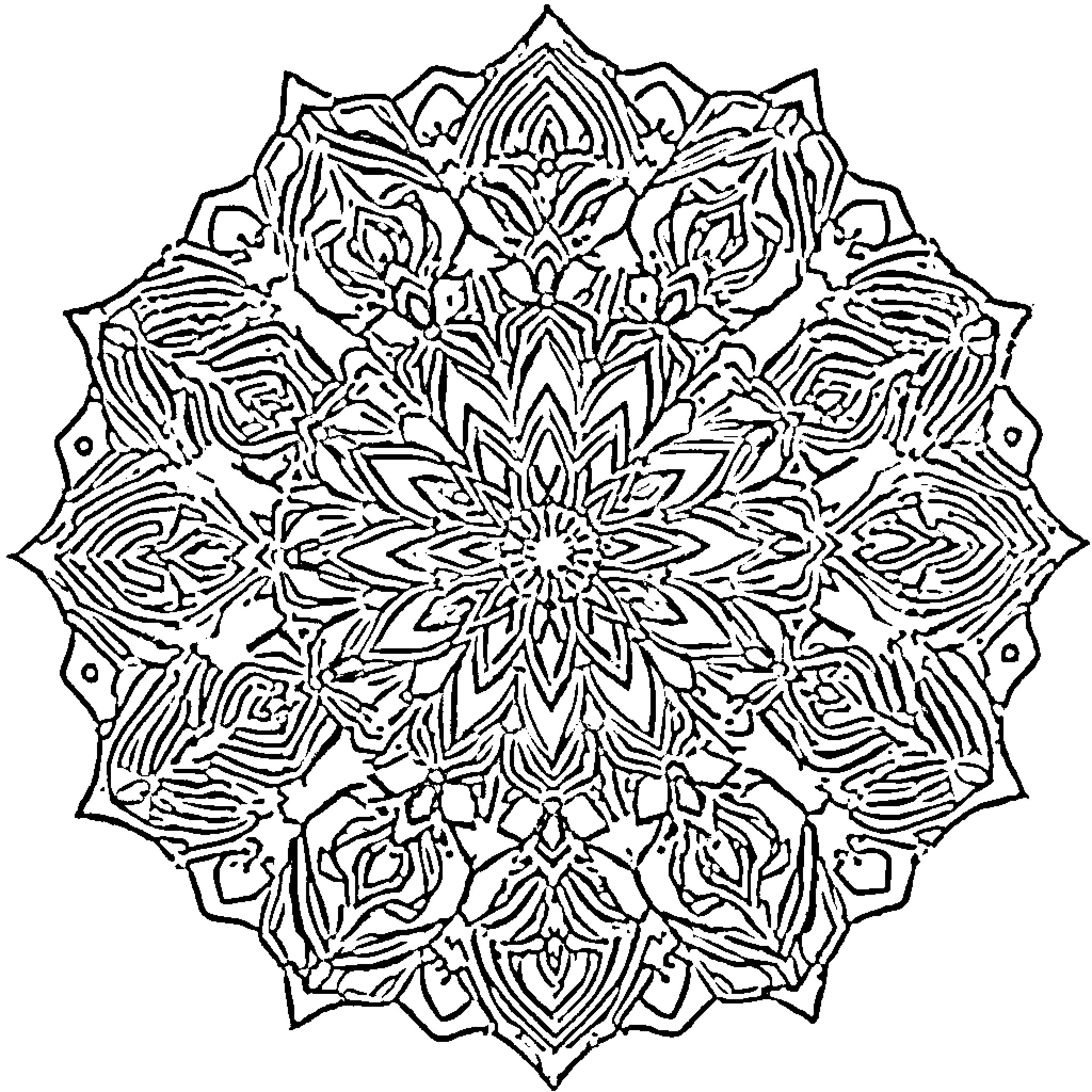Mandalas with intricate floral patterns Coloring Page (free black-and-white line drawing printable PDF for all, from beginners to advanced learners, including children, teens, adults, and seniors)