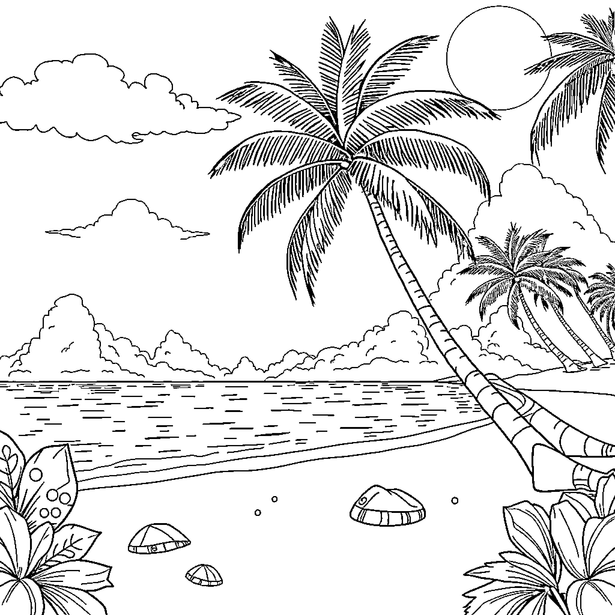 Holiday at the Tropical Beach Coloring Page (free black-and-white line drawing printable PDF for all, from beginners to advanced learners, including children, teens, adults, and seniors)