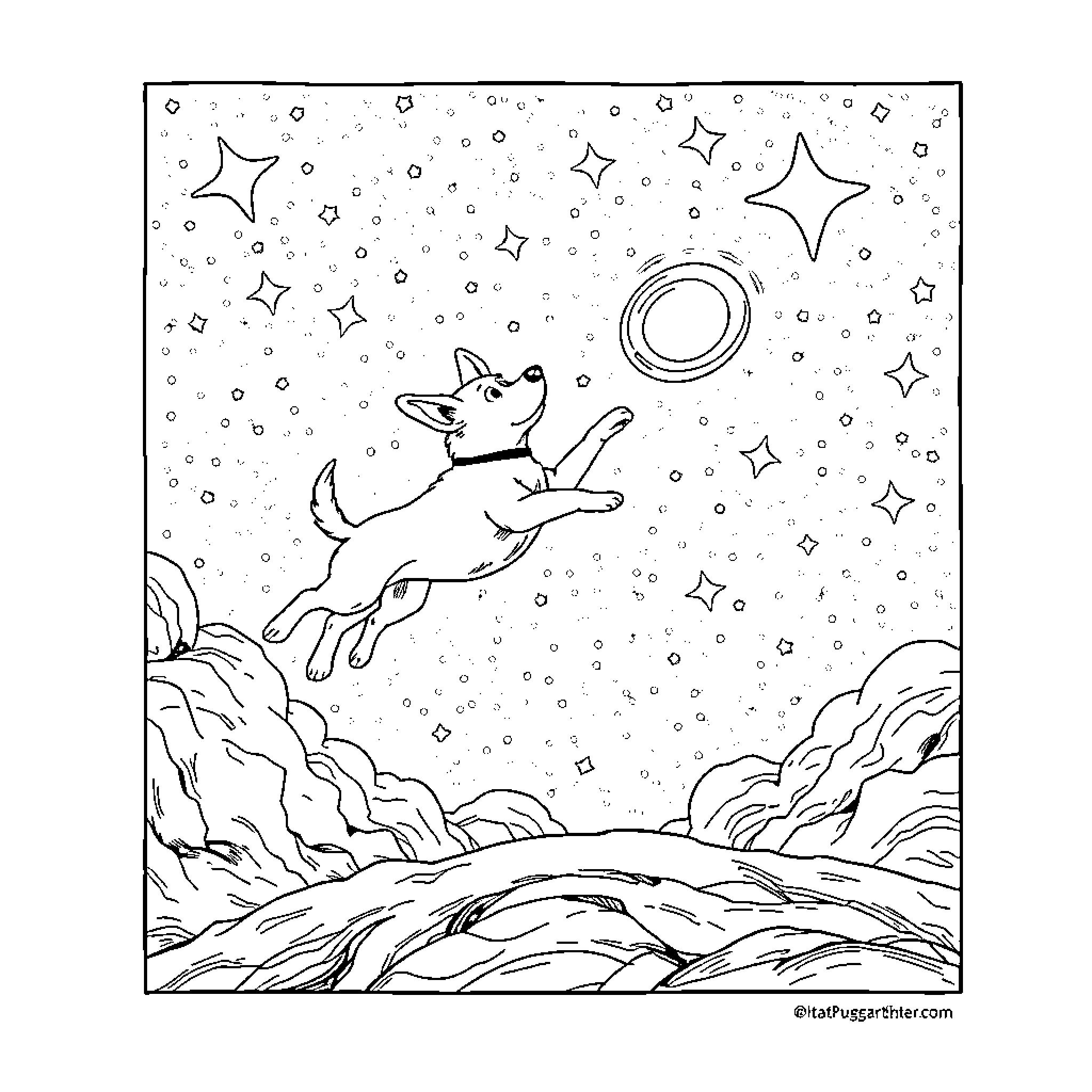 Dog jumping for a glowing star in the night sky Coloring Page (free black-and-white line drawing printable PDF for all, from beginners to advanced learners, including children, teens, adults, and seniors)