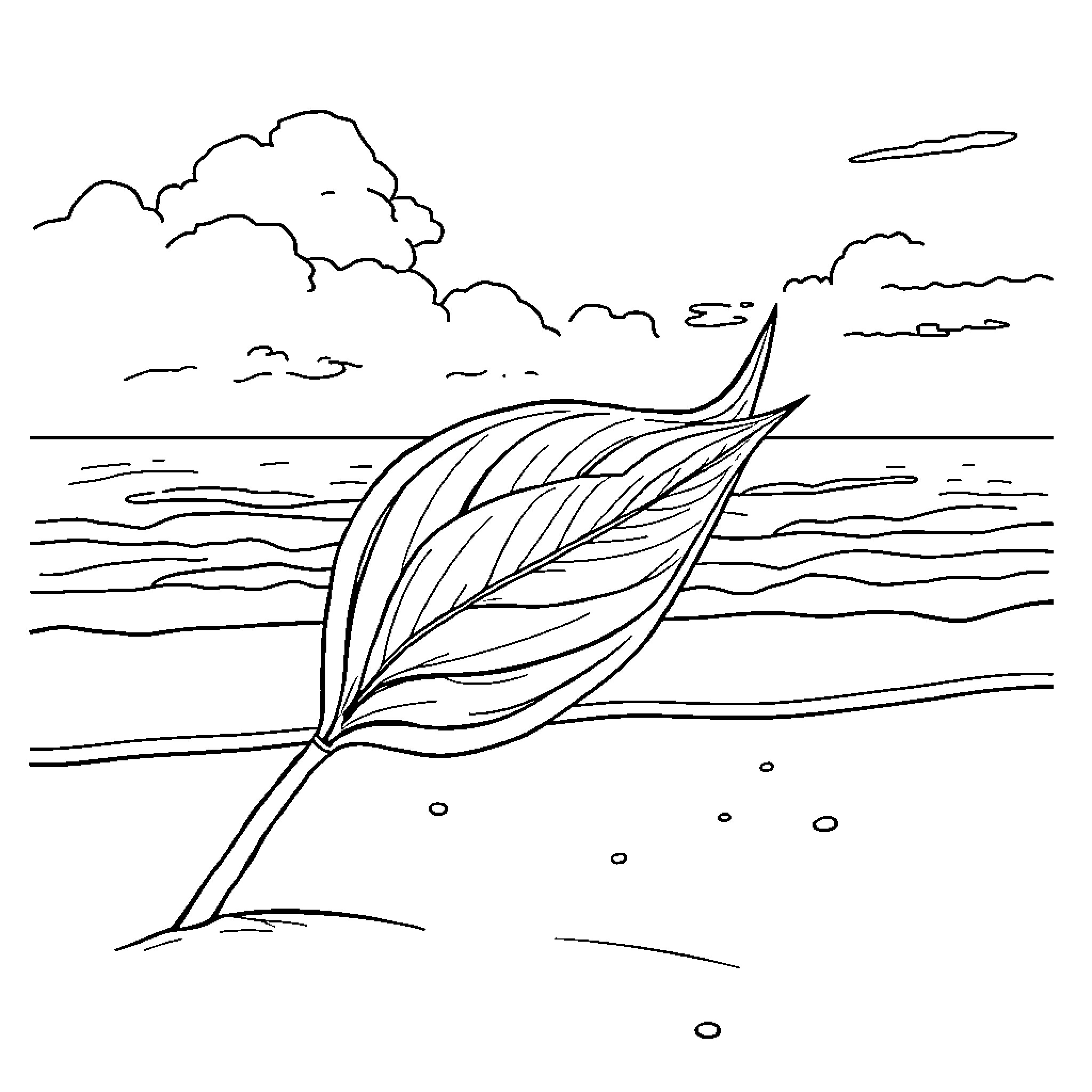 Weed Leaf blowing in the ocean breeze Coloring Page (free black-and-white line drawing printable PDF for all, from beginners to advanced learners, including children, teens, adults, and seniors)