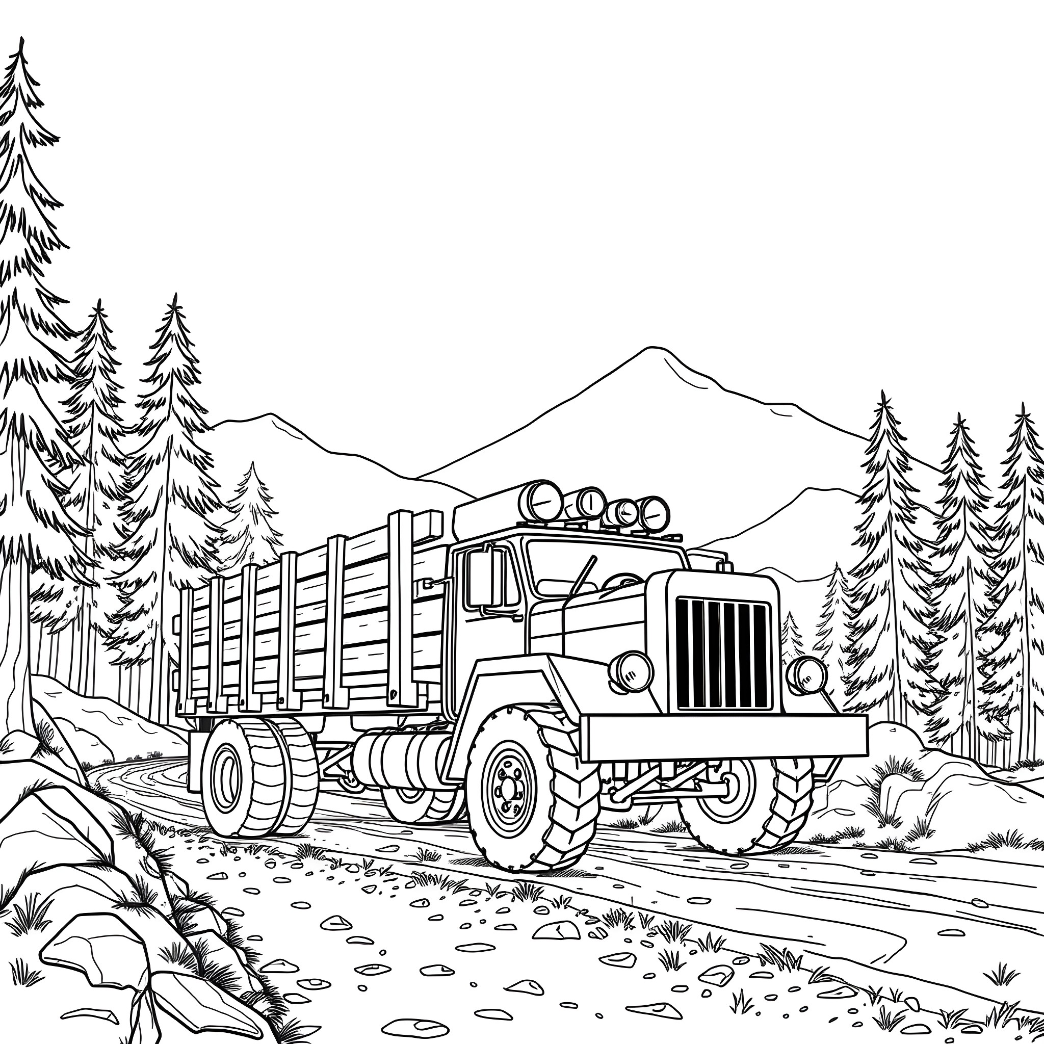 Wood Truck Transporting Timber in the Forest Coloring Page (free black-and-white line drawing printable PDF for all, from beginners to advanced learners, including children, teens, adults, and seniors)