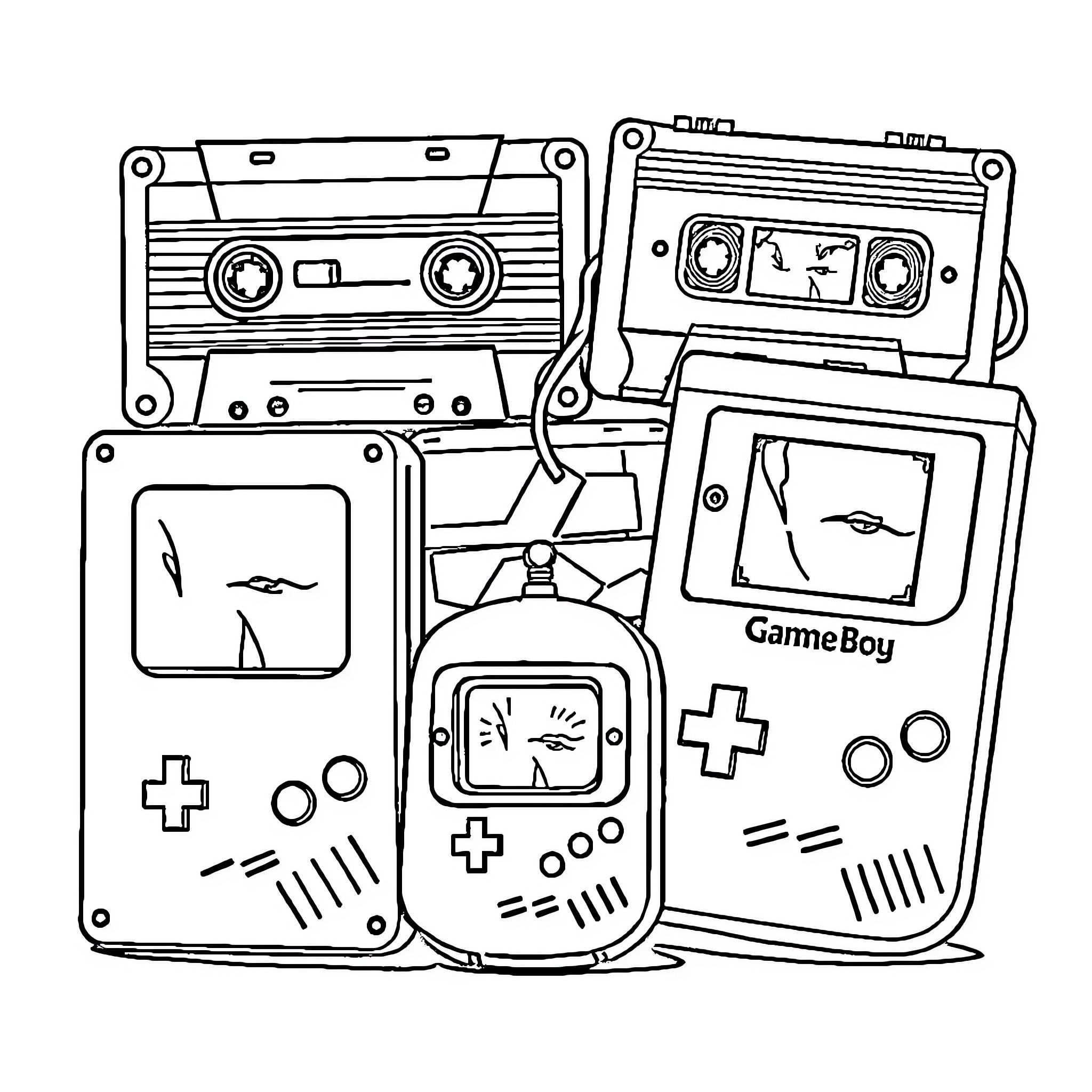 1990s Retro Gaming Devices and Gadgets Coloring Page (free black-and-white line drawing printable PDF for all, from beginners to advanced learners, including children, teens, adults, and seniors)