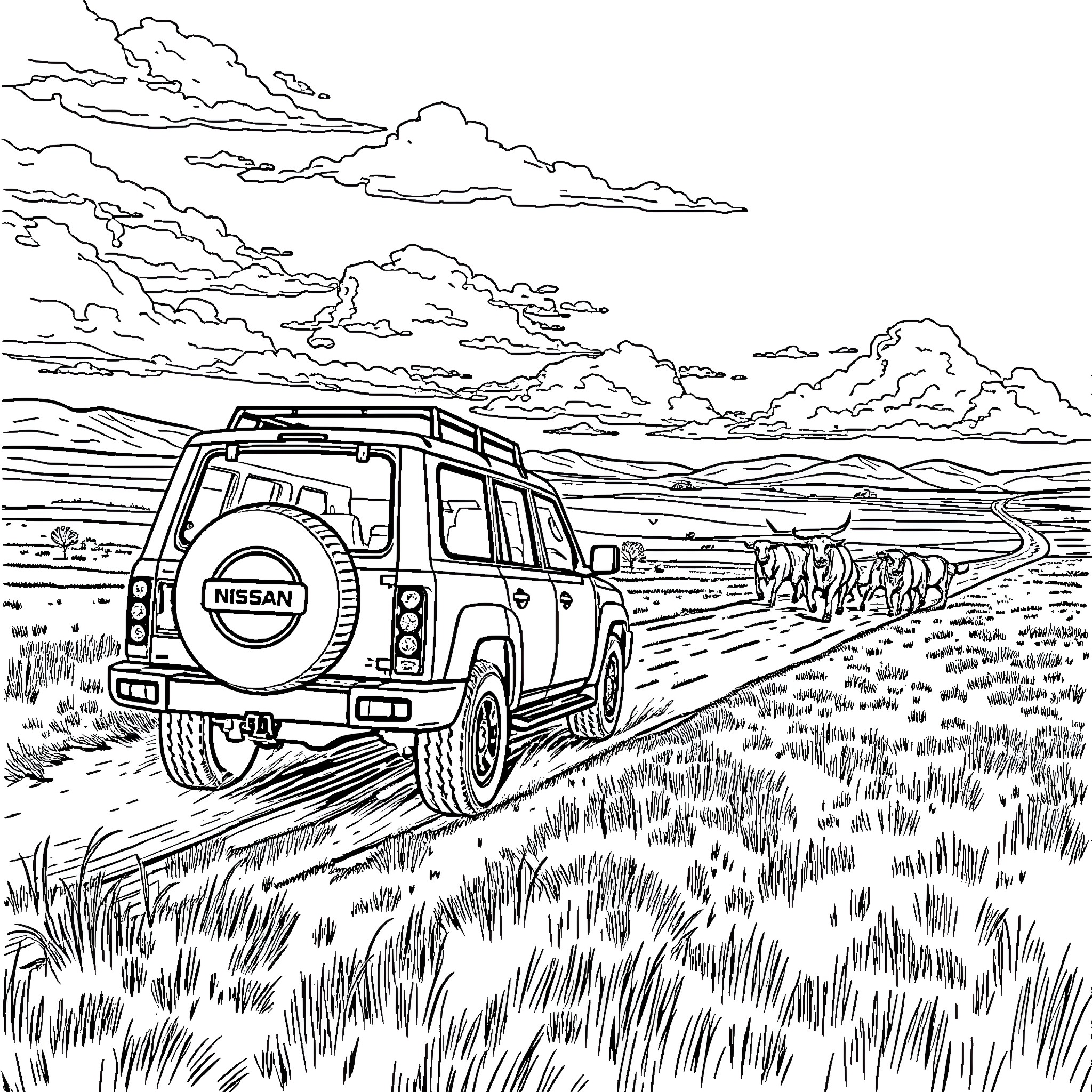 Nissan Patrol exploring rugged countryside Coloring Page (free black-and-white line drawing printable PDF for all, from beginners to advanced learners, including children, teens, adults, and seniors)