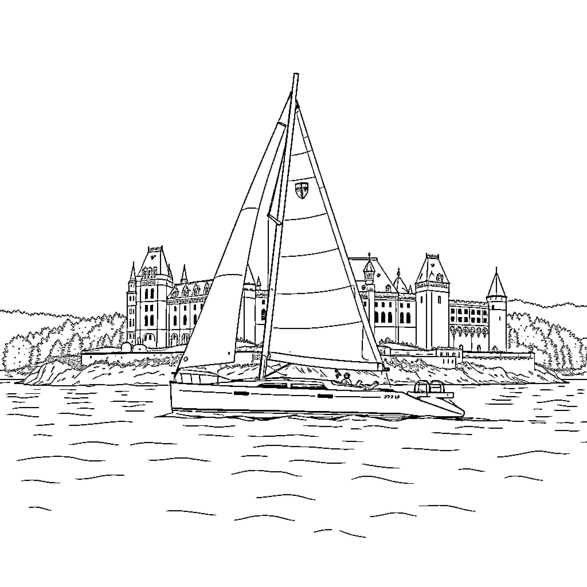 Voilier sailing by historic buildings on the water Coloring Page (free black-and-white line drawing printable PDF for all, from beginners to advanced learners, including children, teens, adults, and seniors)