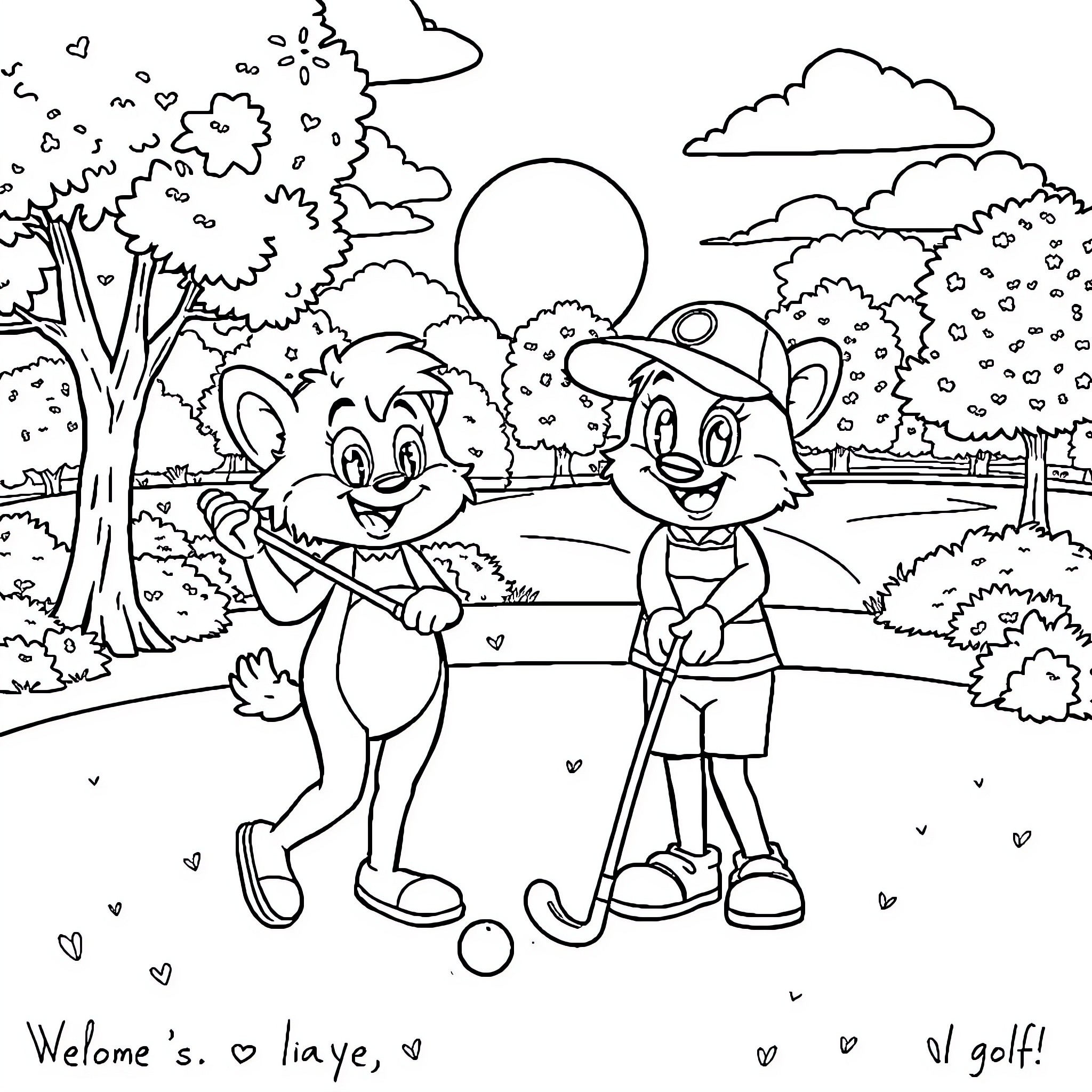 Bingo friends enjoying a game of golf in the park Coloring Page (free black-and-white line drawing printable PDF for all, from beginners to advanced learners, including children, teens, adults, and seniors)