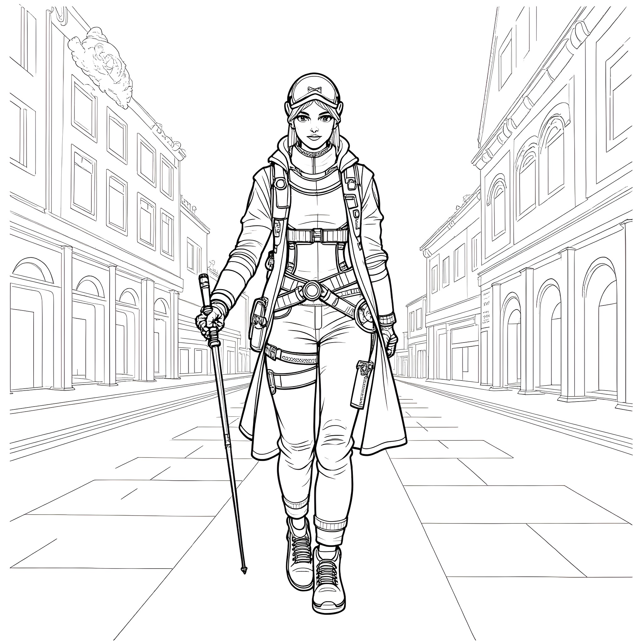Steampunk Character Exploring the City Streets Coloring Page (free black-and-white line drawing printable PDF for all, from beginners to advanced learners, including children, teens, adults, and seniors)