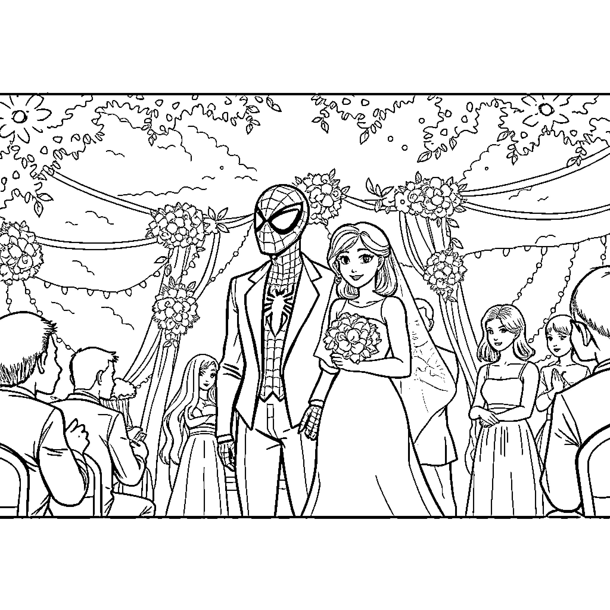 Spider-Man attending a wedding ceremony Coloring Page (free black-and-white line drawing printable PDF for all, from beginners to advanced learners, including children, teens, adults, and seniors)