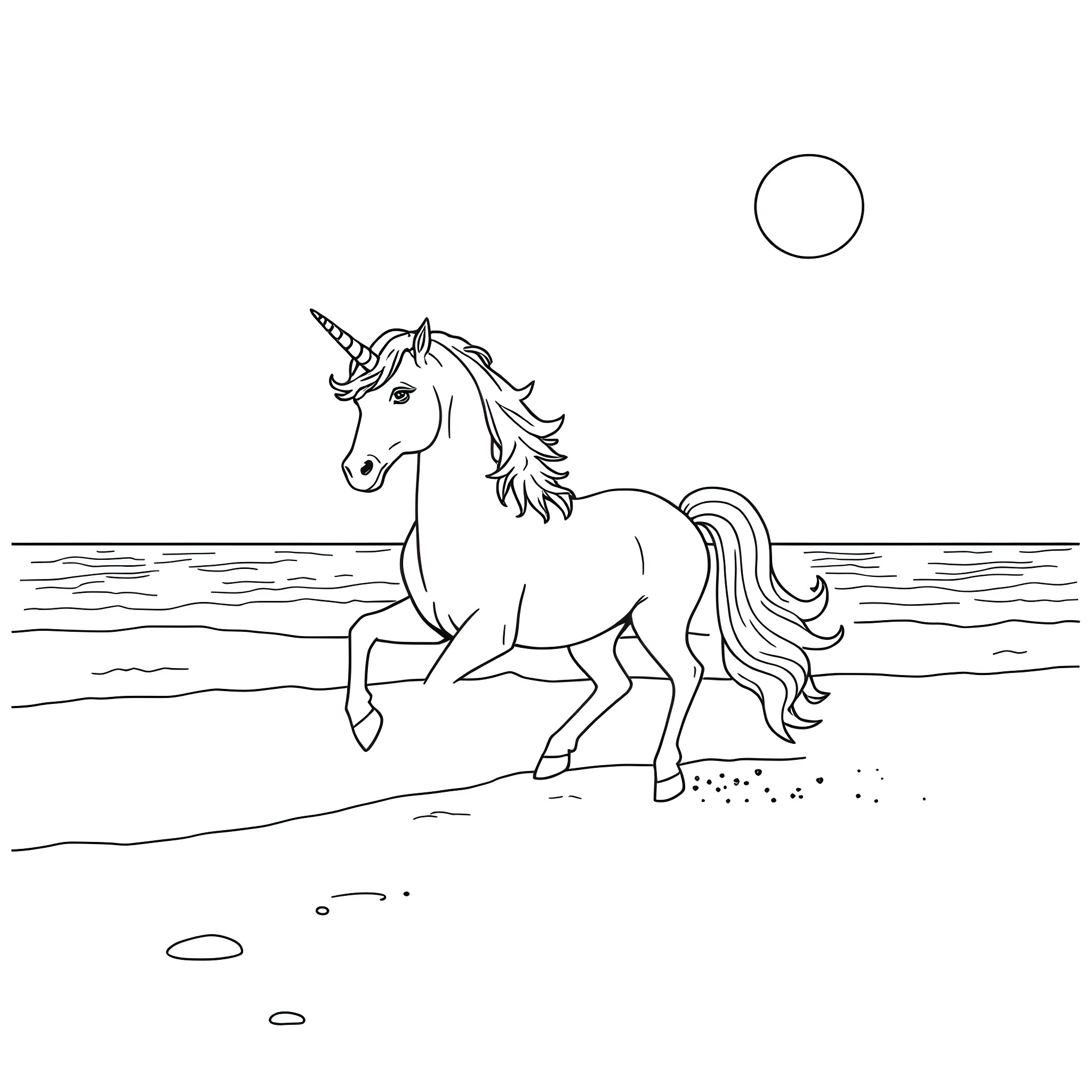 Unicorn galloping on the beach under the moonlight Coloring Page (free black-and-white line drawing printable PDF for all, from beginners to advanced learners, including children, teens, adults, and seniors)
