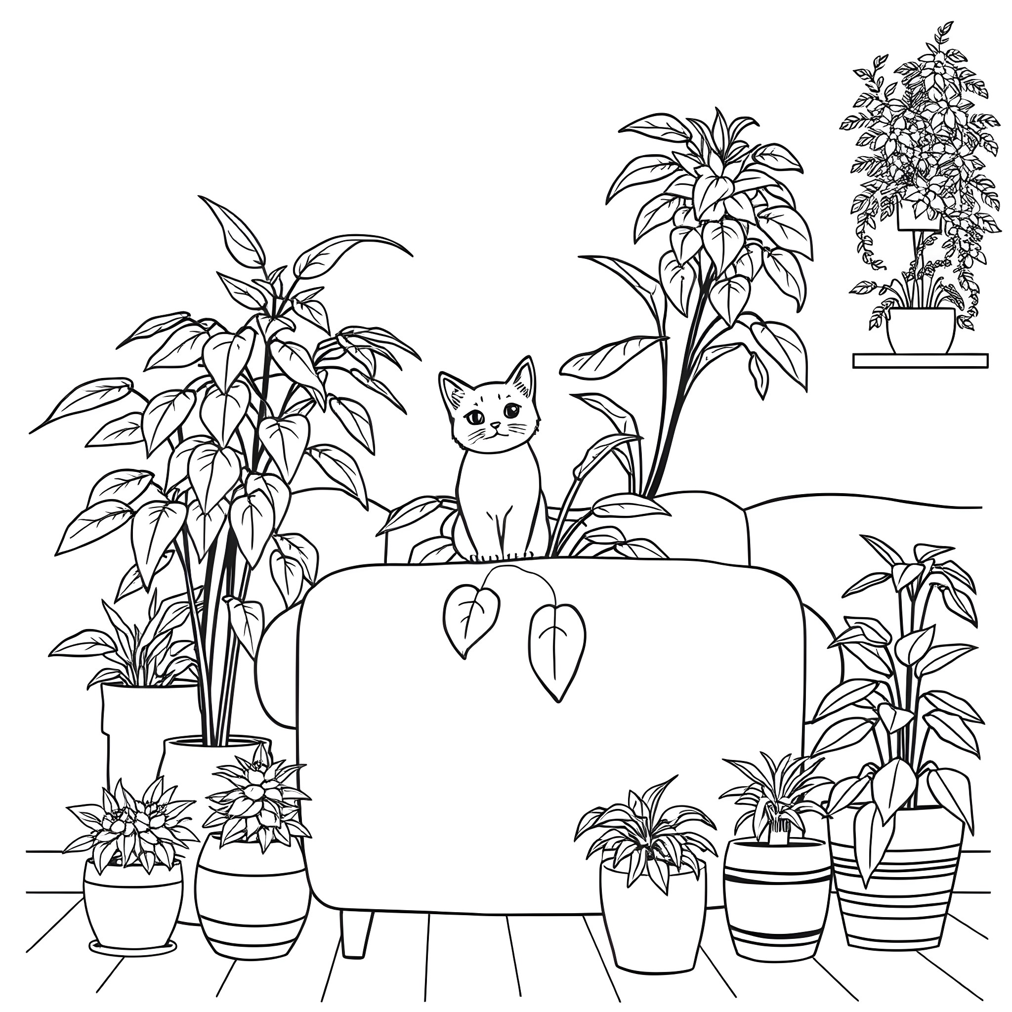 Cat among potted plants in a cozy indoor garden Coloring Page (free black-and-white line drawing printable PDF for all, from beginners to advanced learners, including children, teens, adults, and seniors)