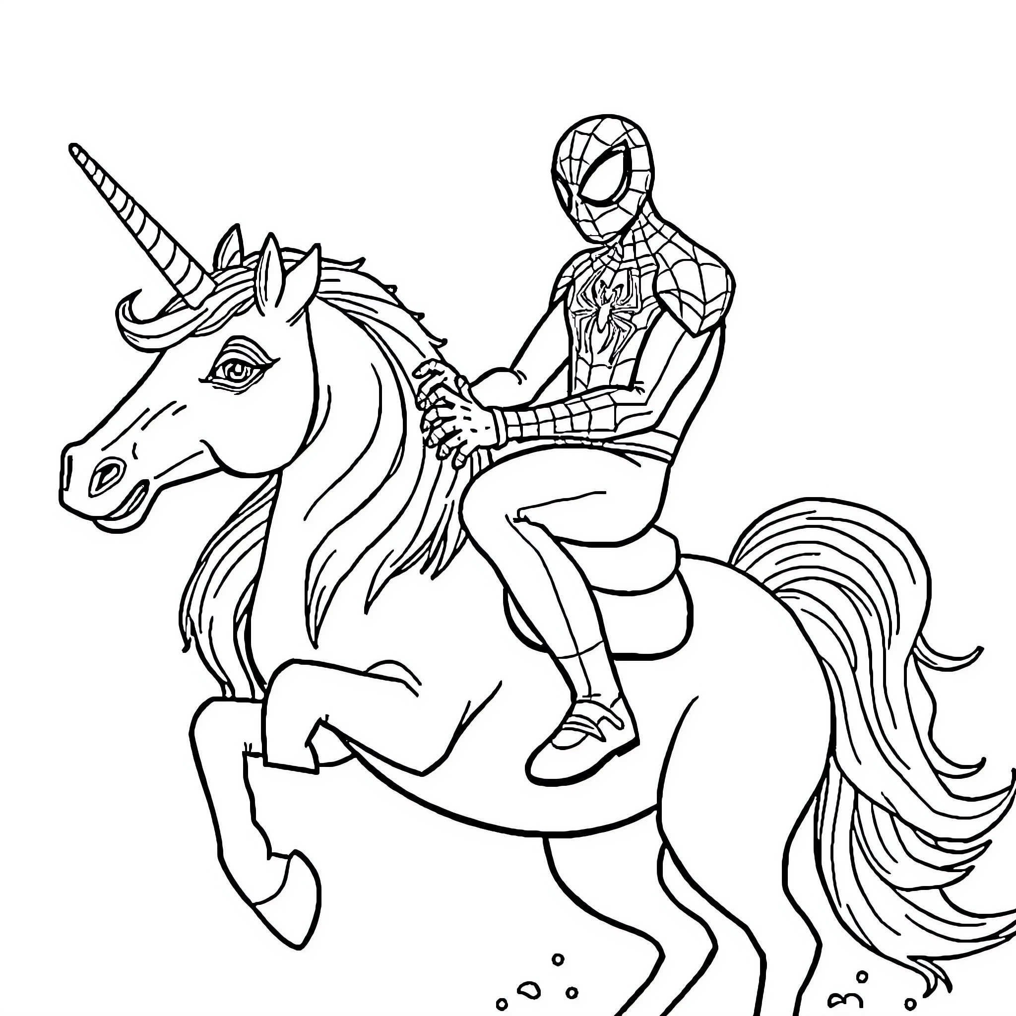 Spiderman riding a magical unicorn Coloring Page (free black-and-white line drawing printable PDF for all, from beginners to advanced learners, including children, teens, adults, and seniors)