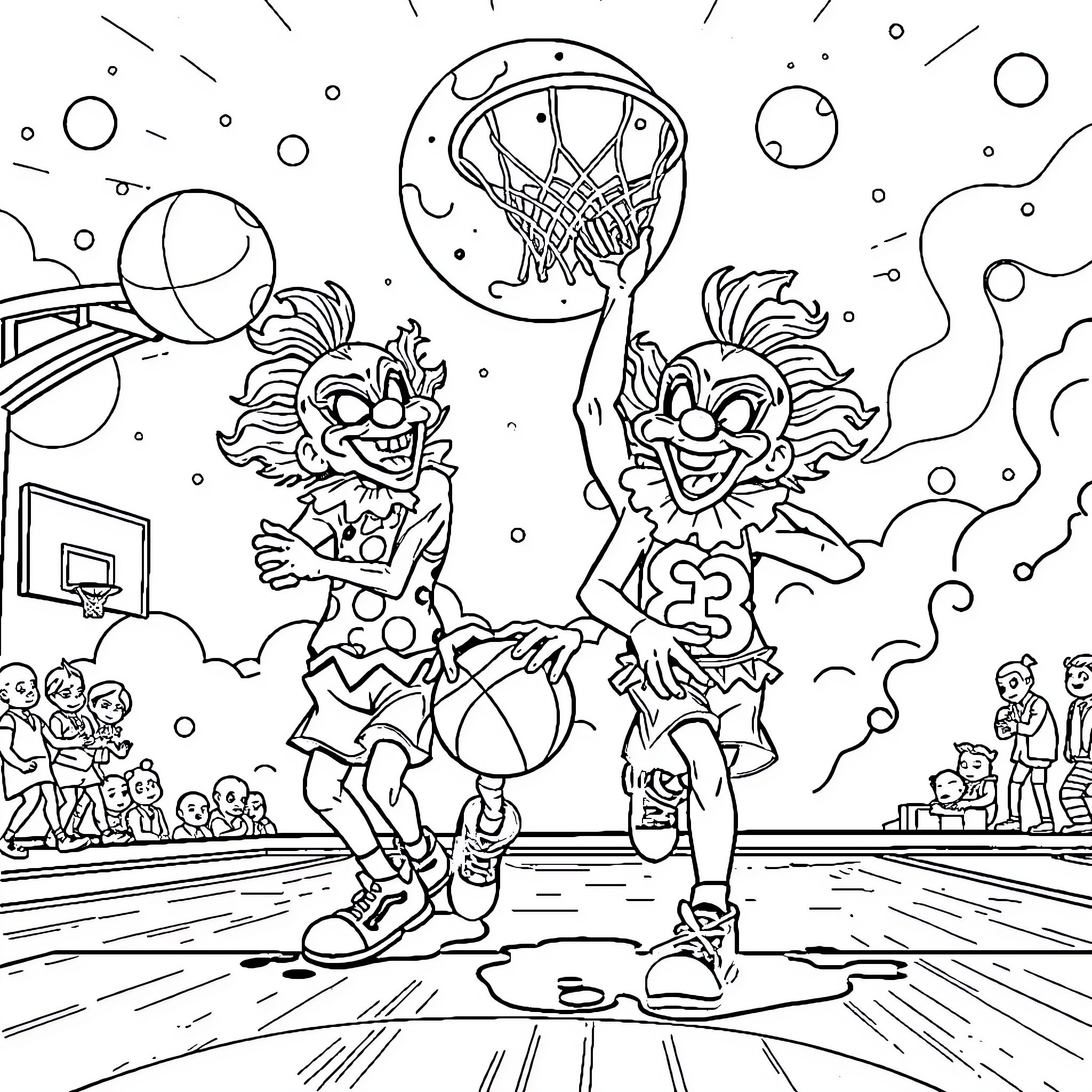 Killer Klown Basketball Madness Coloring Page (free black-and-white line drawing printable PDF for all, from beginners to advanced learners, including children, teens, adults, and seniors)
