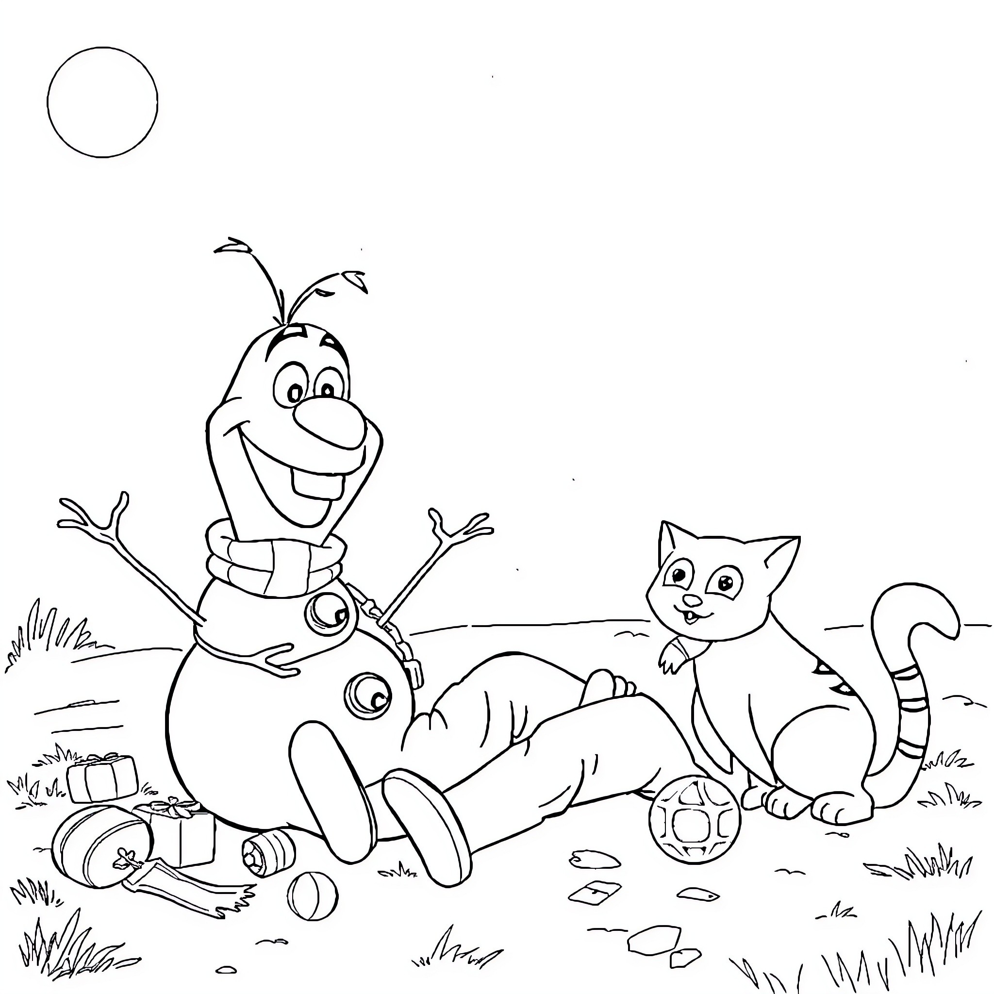 Olaf playing with a curious cat in the outdoors Coloring Page (free black-and-white line drawing printable PDF for all, from beginners to advanced learners, including children, teens, adults, and seniors)