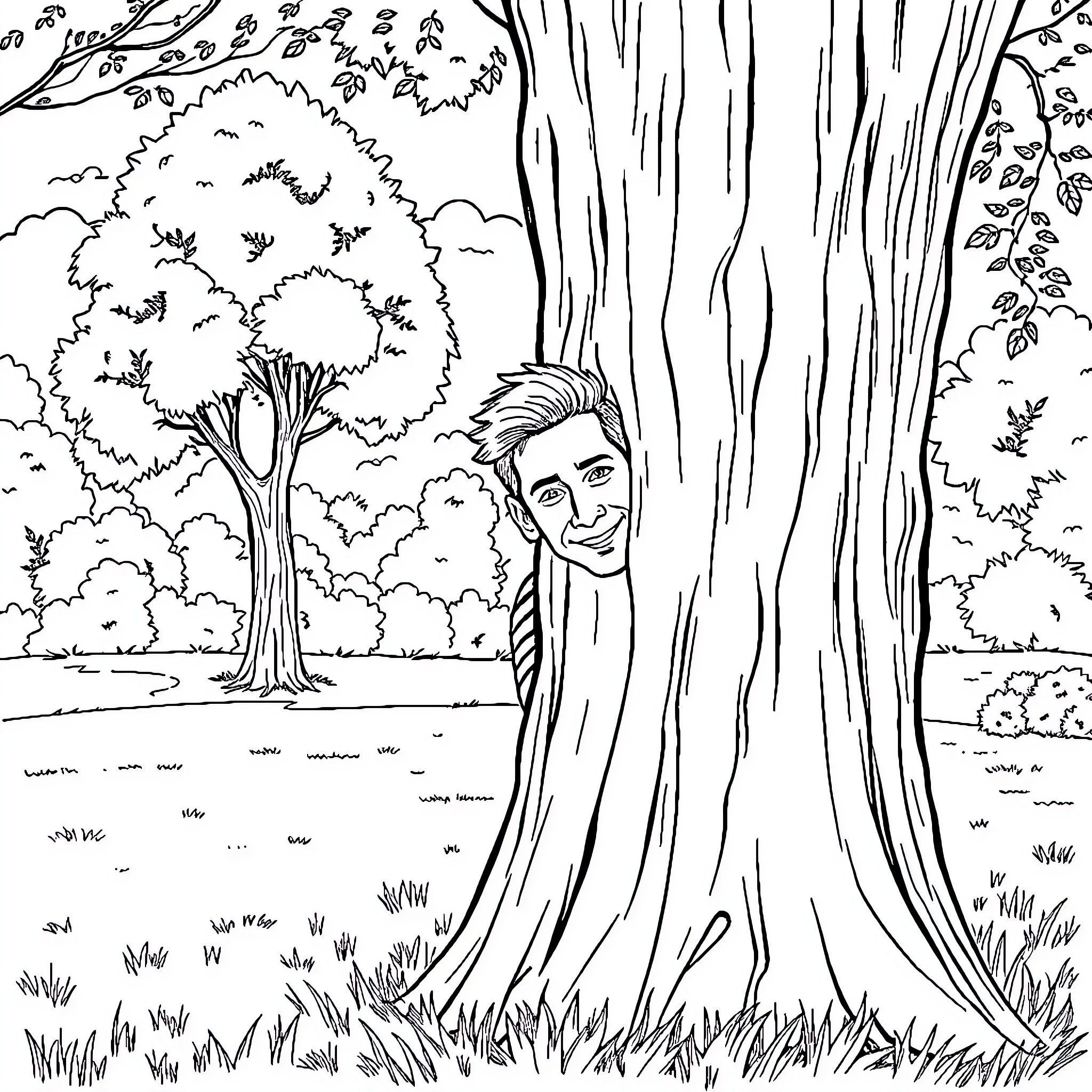 Lionel Messi playing hide-and-seek in the forest Coloring Page (free black-and-white line drawing printable PDF for all, from beginners to advanced learners, including children, teens, adults, and seniors)