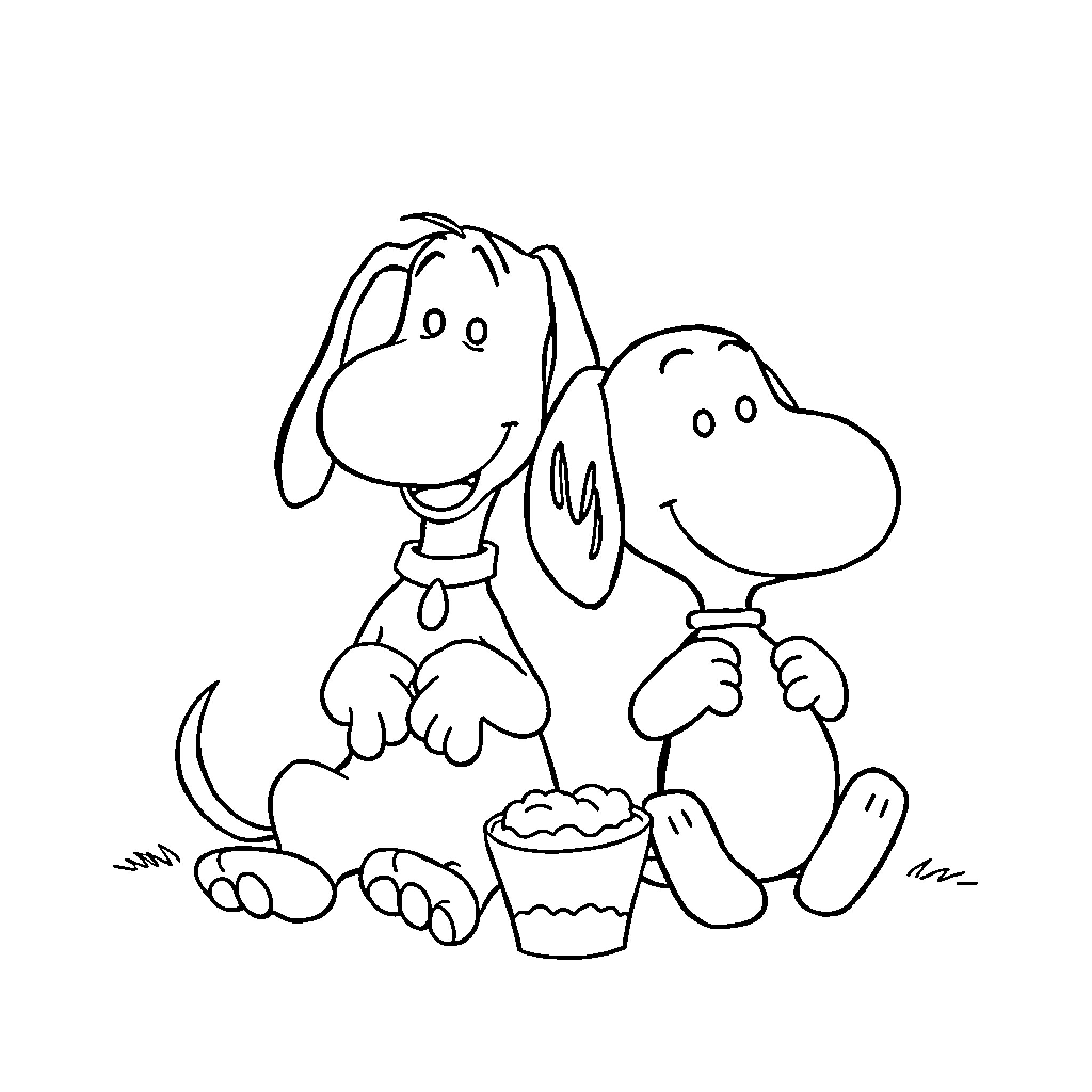 Scooby Doo Sharing Snacks with Friend Coloring Page (free black-and-white line drawing printable PDF for all, from beginners to advanced learners, including children, teens, adults, and seniors)