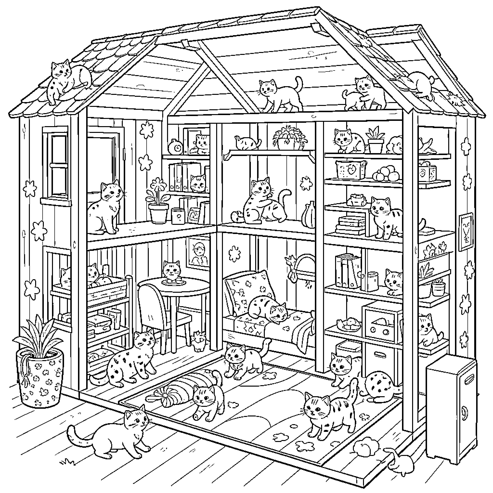 Dollhouse filled with many playful cats in every room Coloring Page (free black-and-white line drawing printable PDF for all, from beginners to advanced learners, including children, teens, adults, and seniors)
