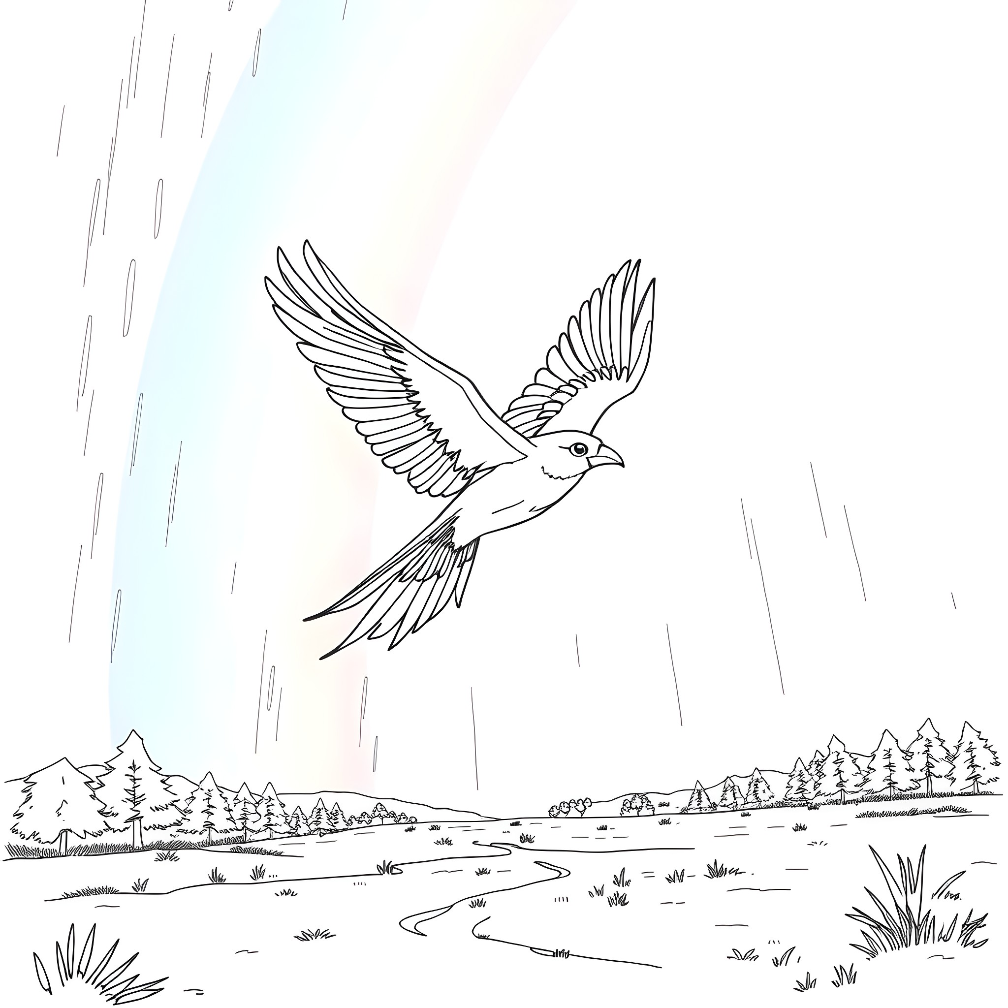 Thunderbird soaring over a serene landscape Coloring Page (free black-and-white line drawing printable PDF for all, from beginners to advanced learners, including children, teens, adults, and seniors)
