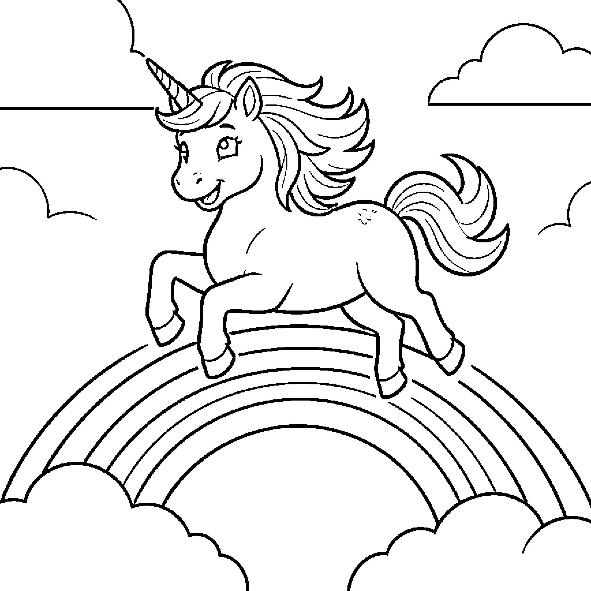 Unicorn jumping joyfully over a bright rainbow Coloring Page (free black-and-white line drawing printable PDF for all, from beginners to advanced learners, including children, teens, adults, and seniors)
