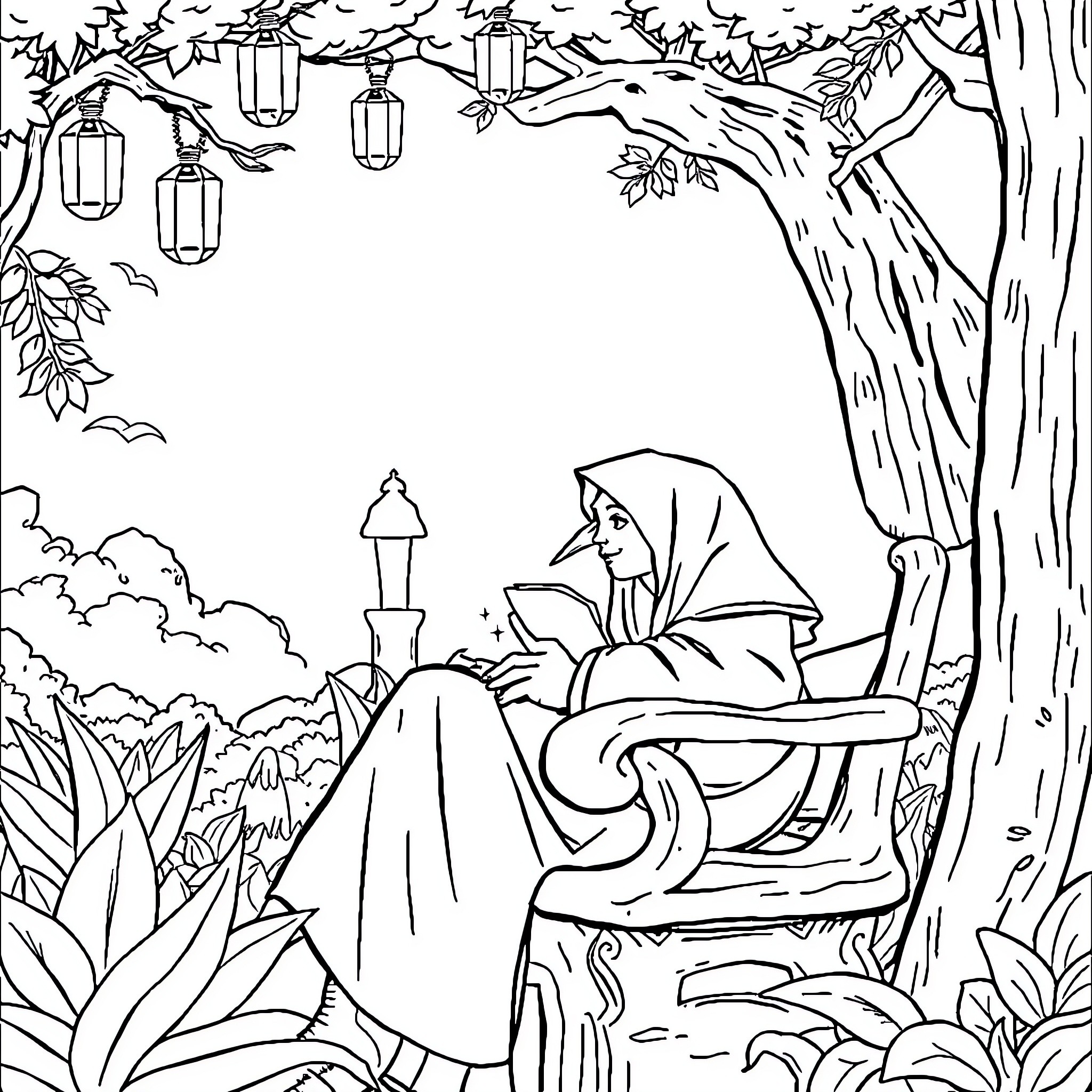 Pemuda reading a book in a tranquil forest setting Coloring Page (free black-and-white line drawing printable PDF for all, from beginners to advanced learners, including children, teens, adults, and seniors)