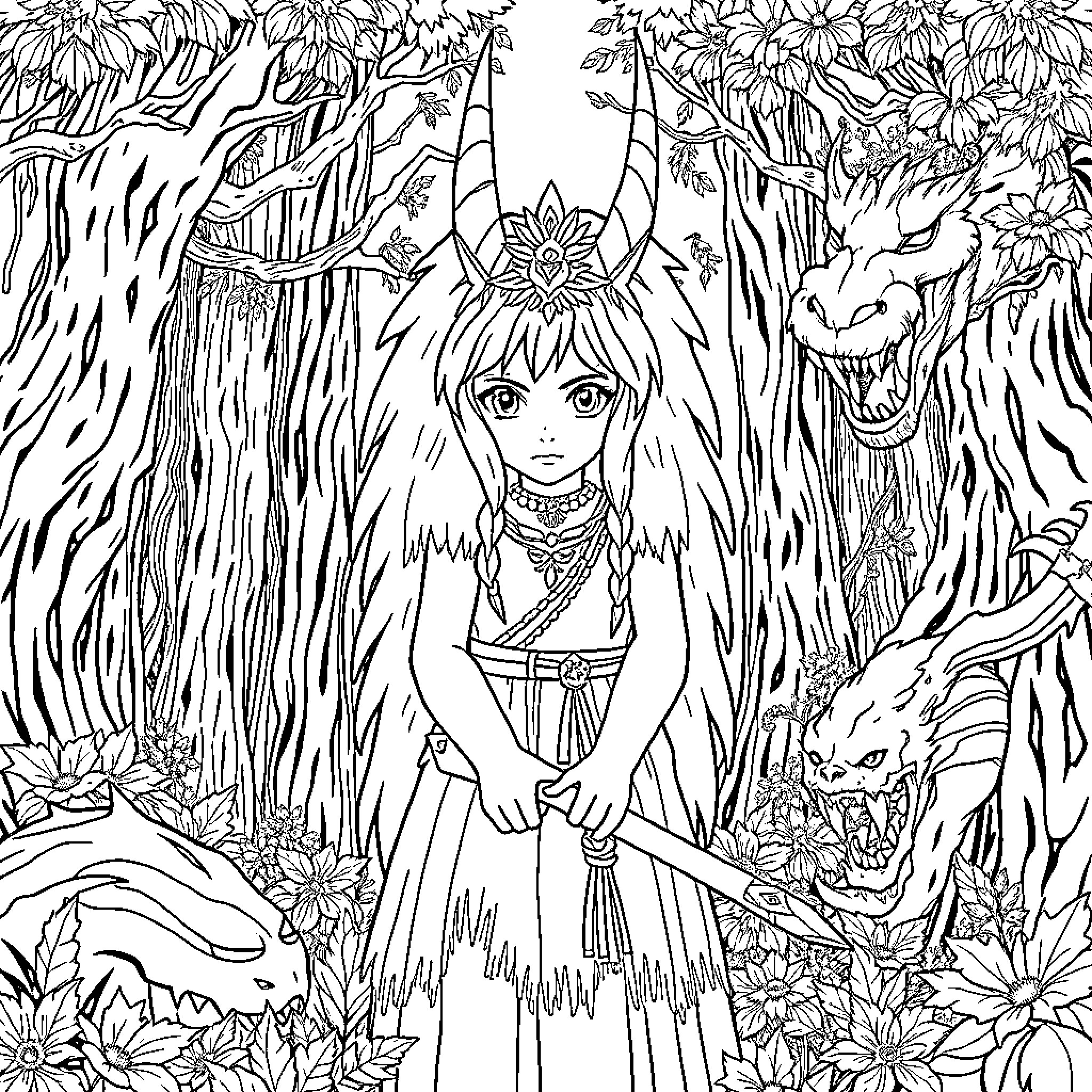 Princess Mononoke in the Enchanted Forest Coloring Page (free black-and-white line drawing printable PDF for all, from beginners to advanced learners, including children, teens, adults, and seniors)