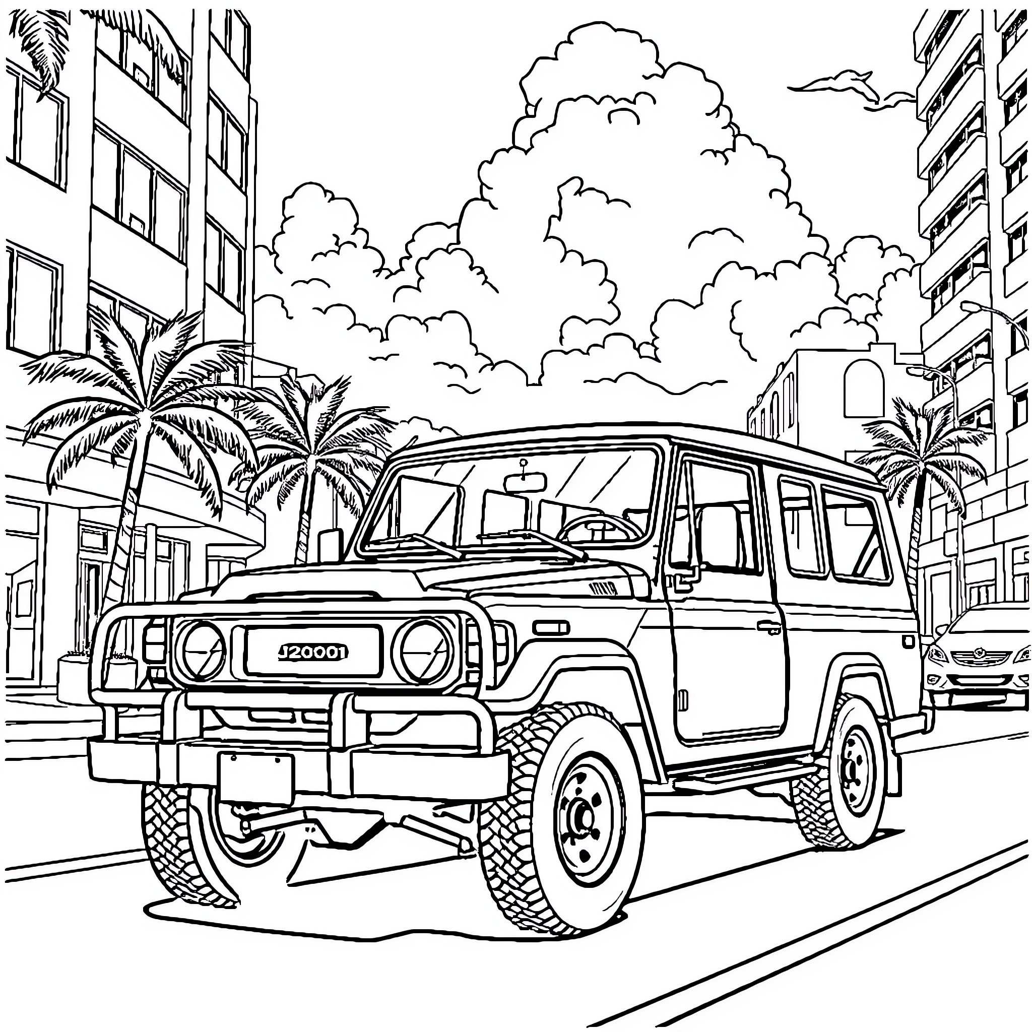 Land Cruiser SUV exploring urban landscape Coloring Page (free black-and-white line drawing printable PDF for all, from beginners to advanced learners, including children, teens, adults, and seniors)