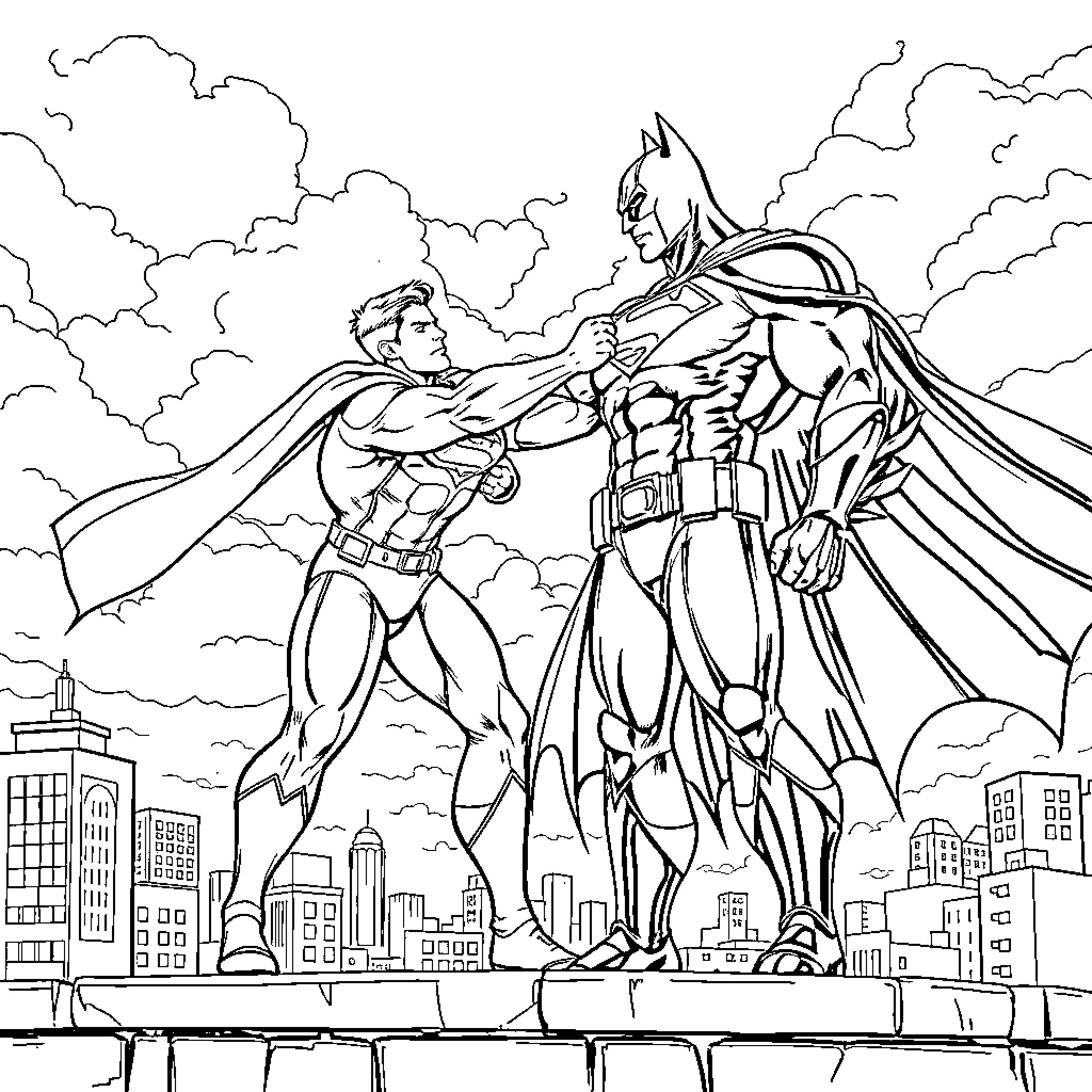 Superman and Batman in an epic battle over the city Coloring Page (free black-and-white line drawing printable PDF for all, from beginners to advanced learners, including children, teens, adults, and seniors)