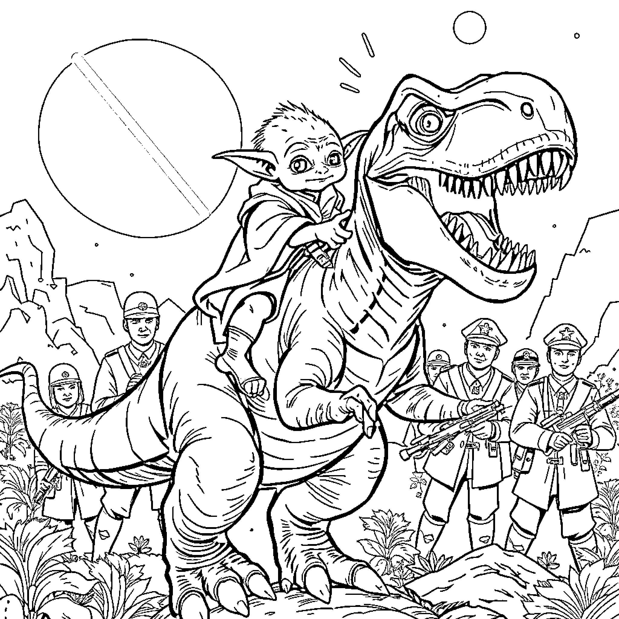 Yoda riding a ferocious dinosaur with armed soldiers Coloring Page (free black-and-white line drawing printable PDF for all, from beginners to advanced learners, including children, teens, adults, and seniors)