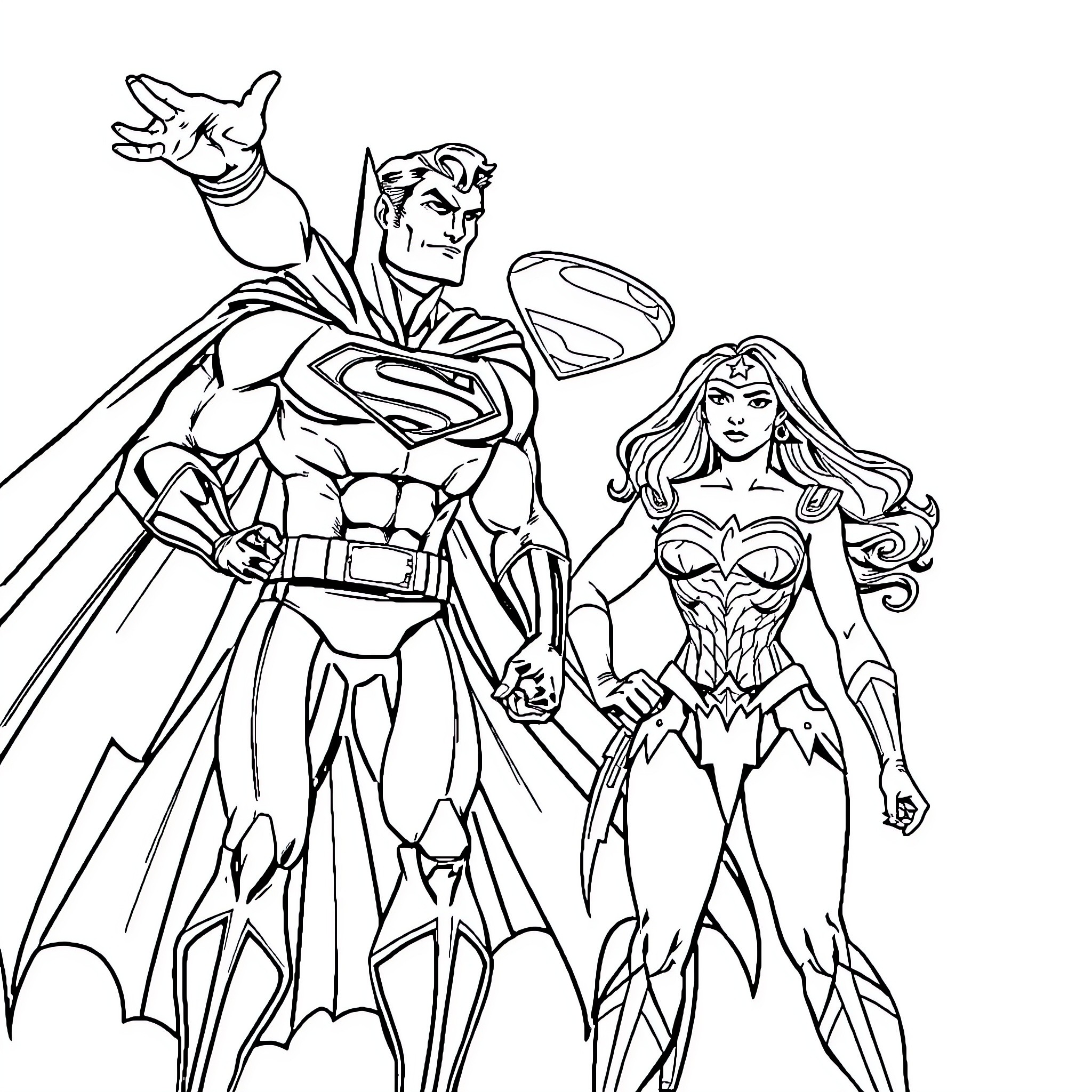 Superman and Wonder Woman in action poses Coloring Page (free black-and-white line drawing printable PDF for all, from beginners to advanced learners, including children, teens, adults, and seniors)