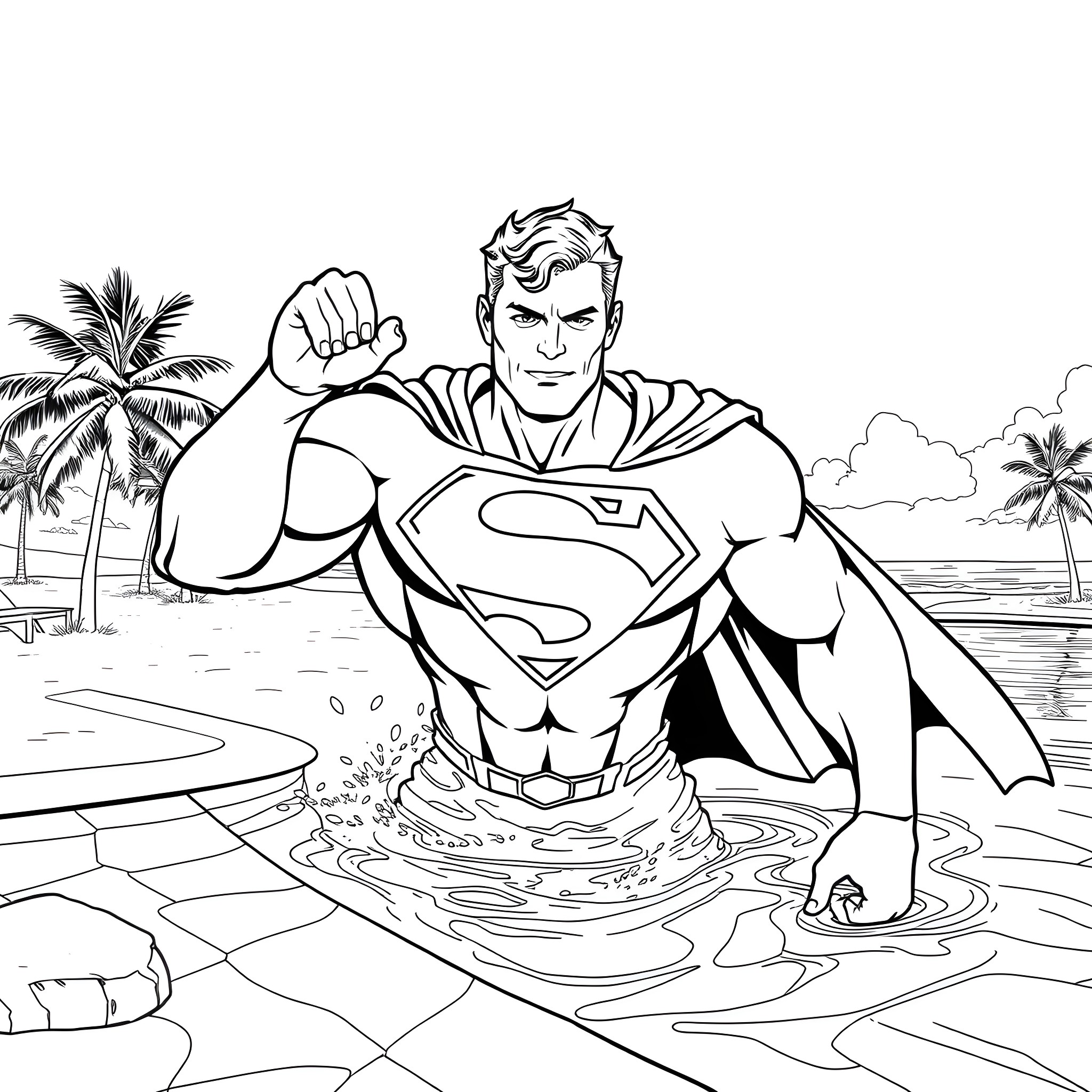 Superman heroically stands in a tropical beach setting Coloring Page (free black-and-white line drawing printable PDF for all, from beginners to advanced learners, including children, teens, adults, and seniors)