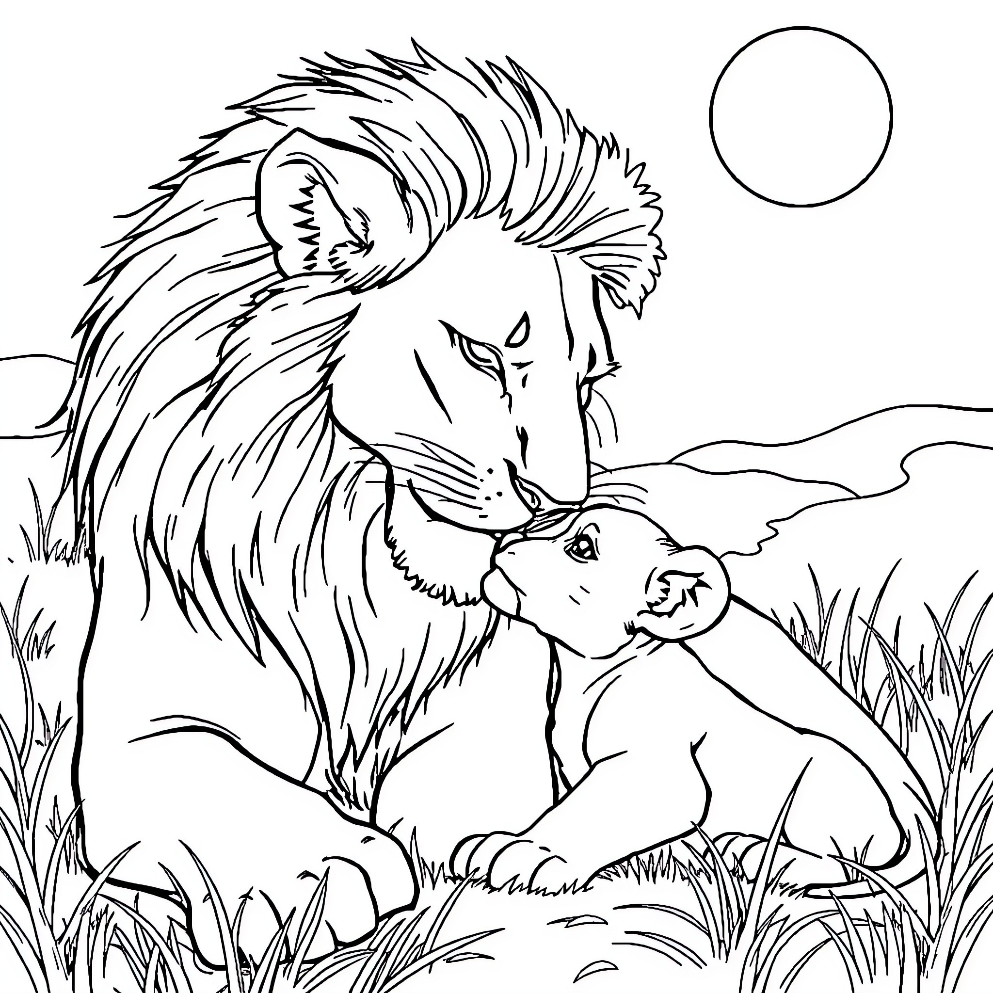Lion protecting its cub in the wilderness Coloring Page (free black-and-white line drawing printable PDF for all, from beginners to advanced learners, including children, teens, adults, and seniors)