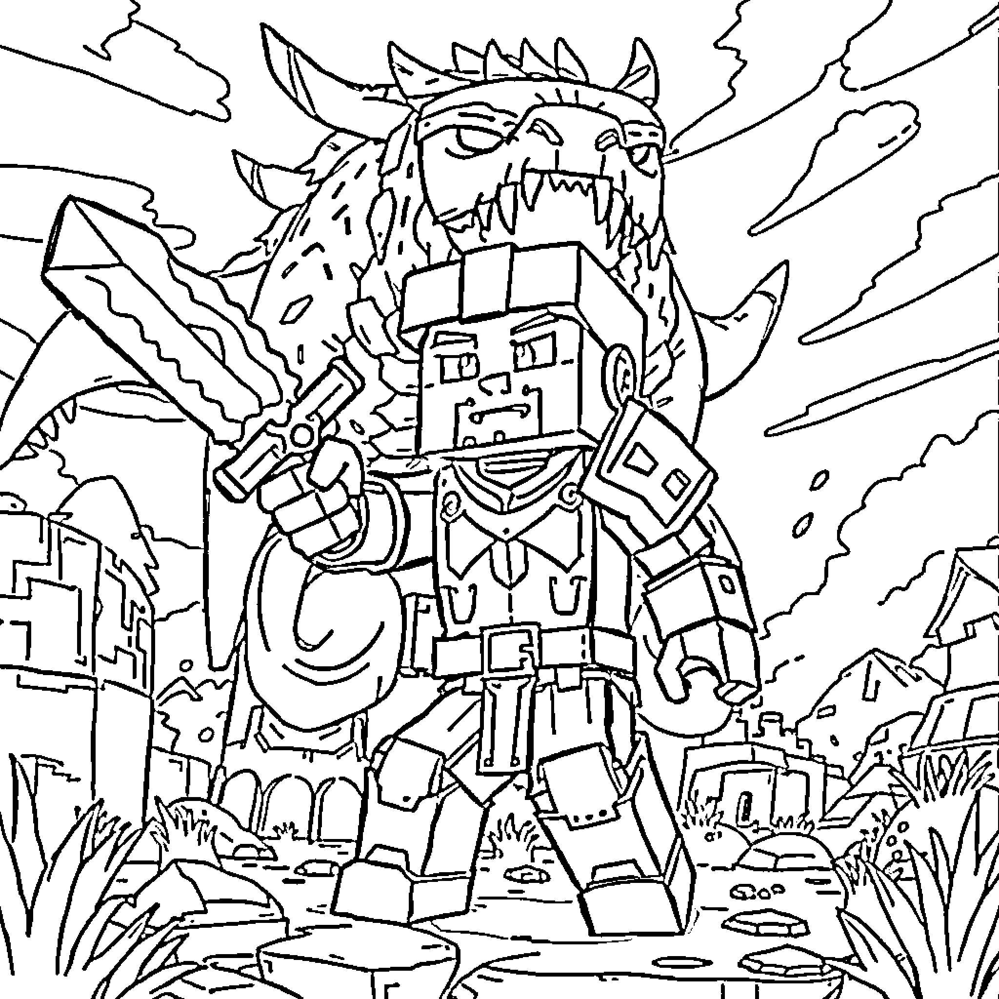 Steve conquers the fearsome robot monster in the city Coloring Page (free black-and-white line drawing printable PDF for all, from beginners to advanced learners, including children, teens, adults, and seniors)