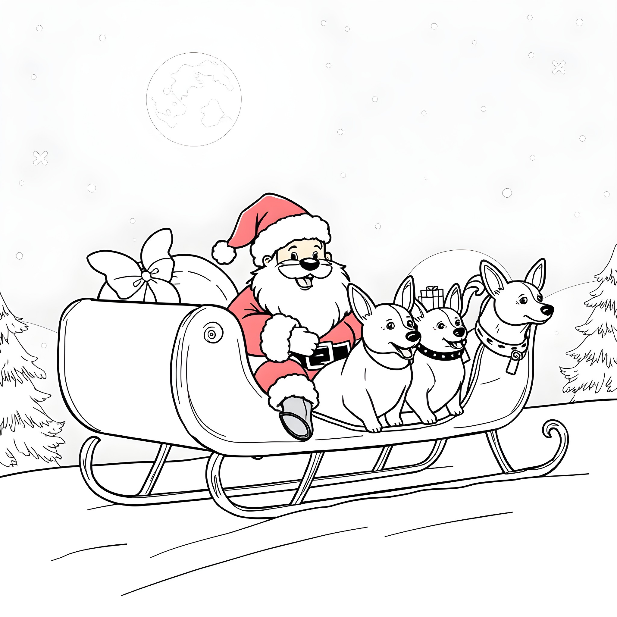 Santa riding on a sleigh with dogs Coloring Page (free black-and-white line drawing printable PDF for all, from beginners to advanced learners, including children, teens, adults, and seniors)
