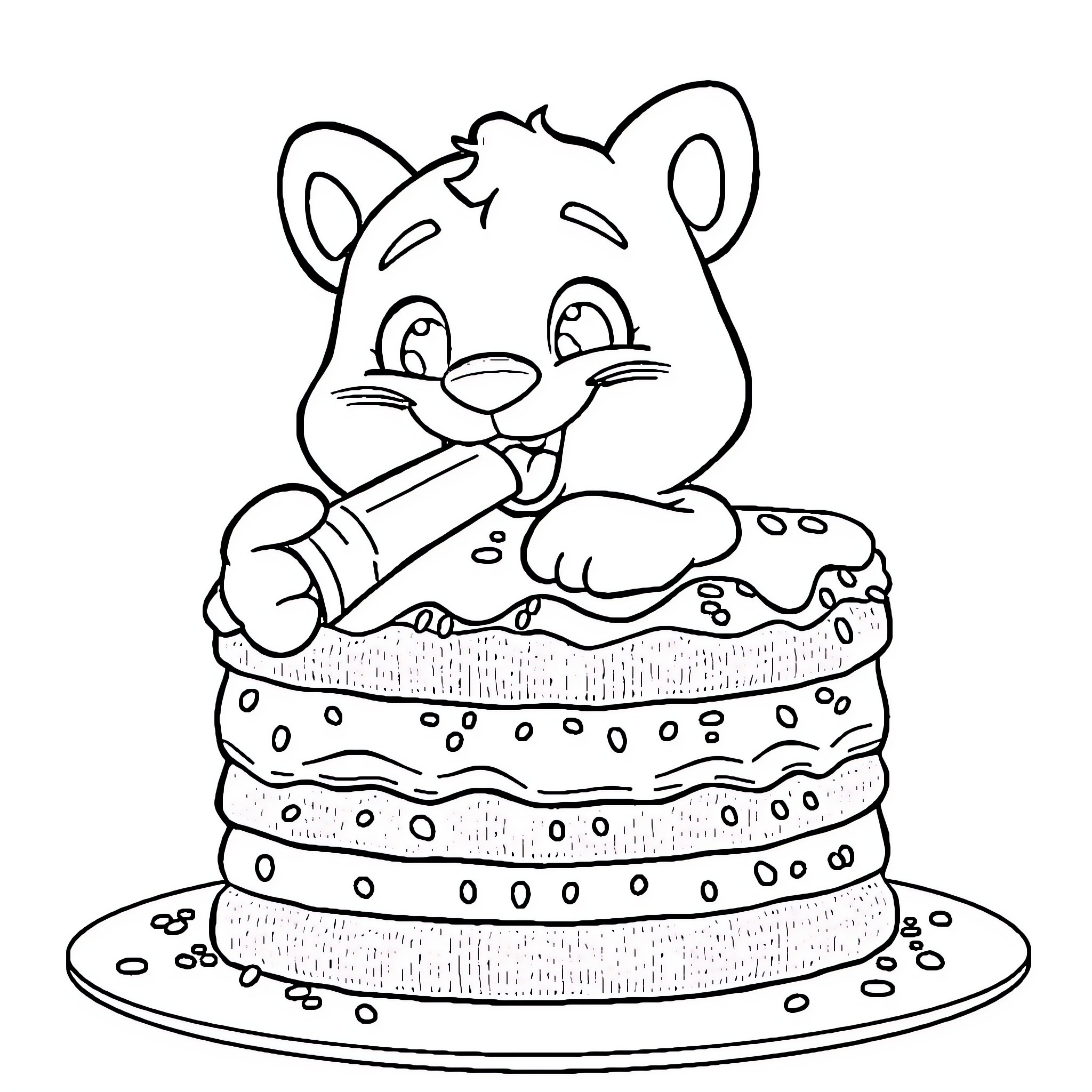 Bluey enjoying a delicious cake Coloring Page (free black-and-white line drawing printable PDF for all, from beginners to advanced learners, including children, teens, adults, and seniors)