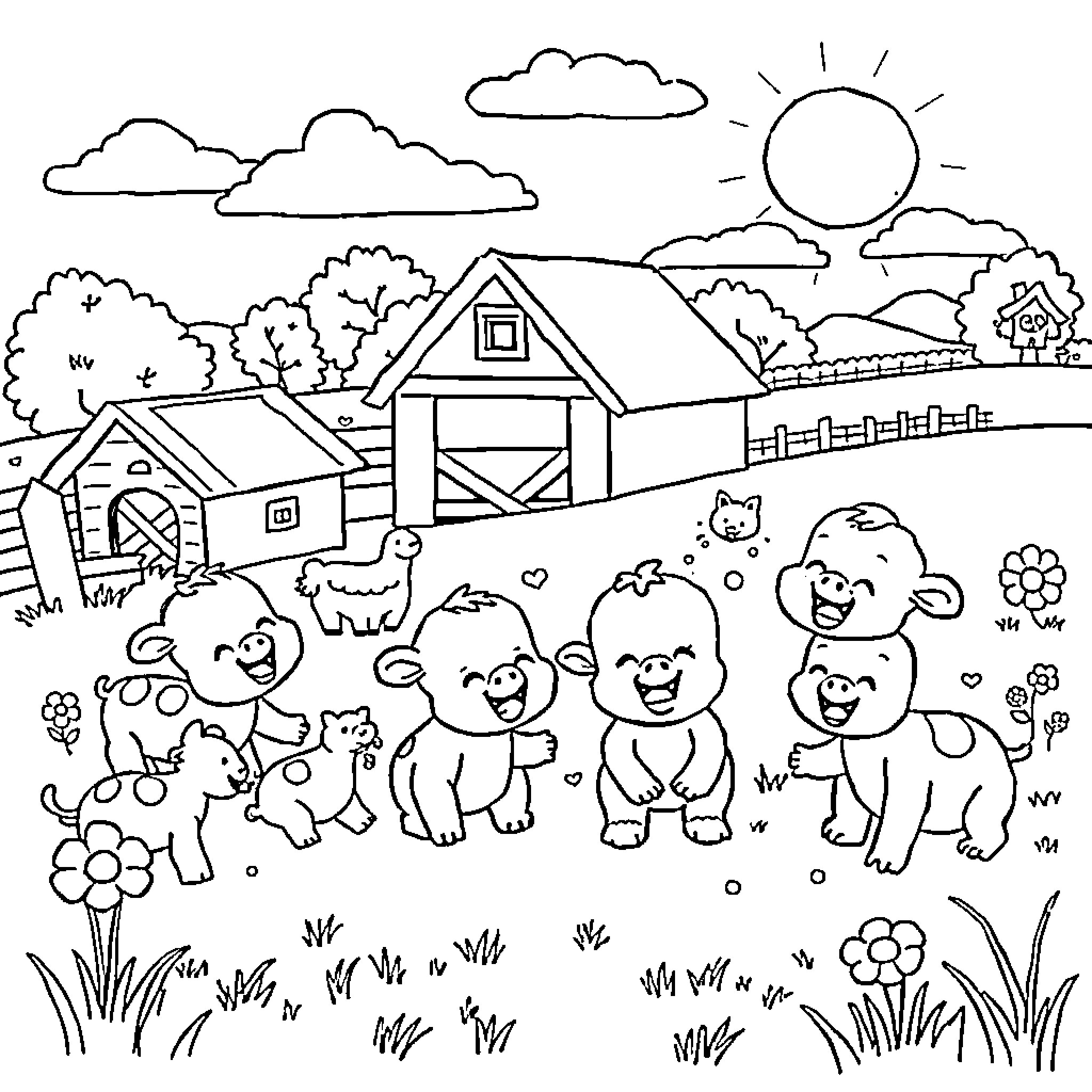 Baby farm animals playing in the countryside Coloring Page (free black-and-white line drawing printable PDF for all, from beginners to advanced learners, including children, teens, adults, and seniors)