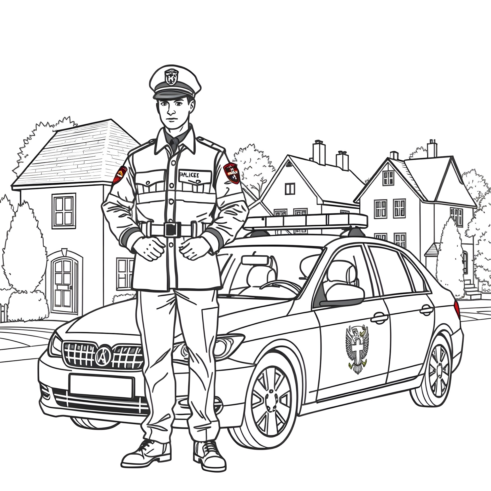 Police Officer Patrolling Residential Neighborhood Coloring Page (free black-and-white line drawing printable PDF for all, from beginners to advanced learners, including children, teens, adults, and seniors)