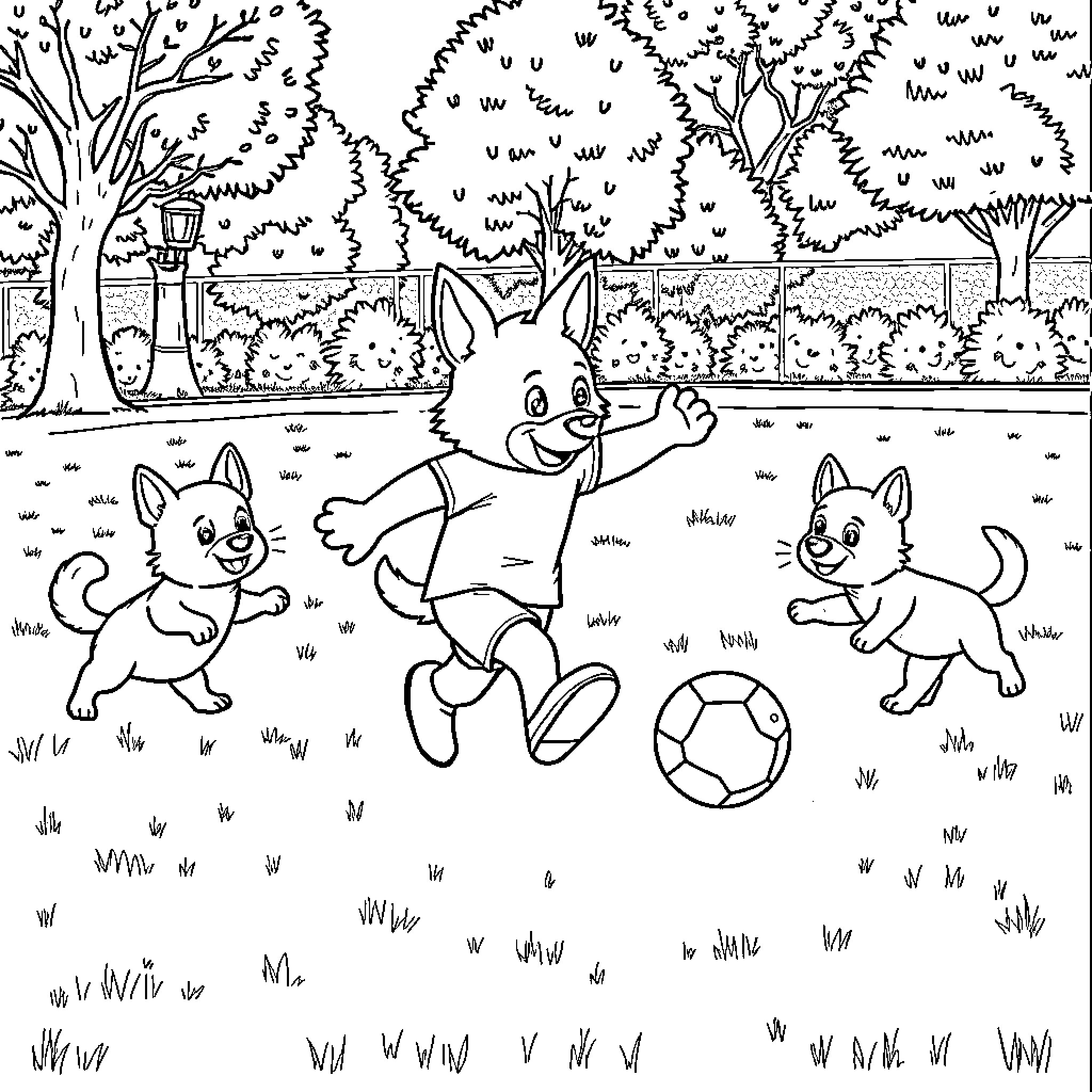 Bluey playing joyfully with friends in the park Coloring Page (free black-and-white line drawing printable PDF for all, from beginners to advanced learners, including children, teens, adults, and seniors)
