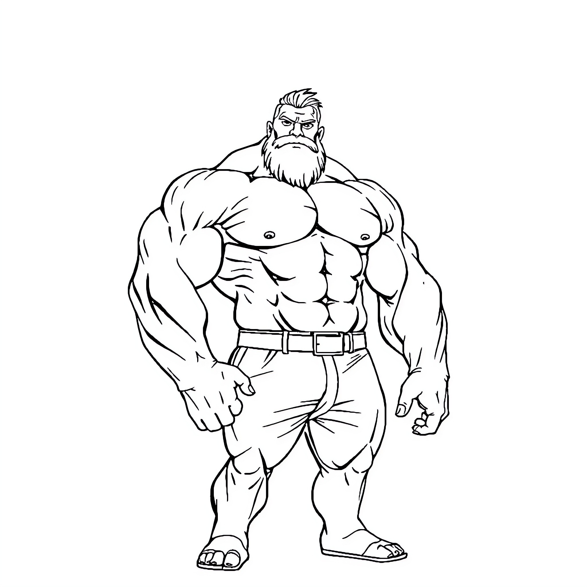 Man flexing muscular physique with beard Coloring Page (free black-and-white line drawing printable PDF for all, from beginners to advanced learners, including children, teens, adults, and seniors)