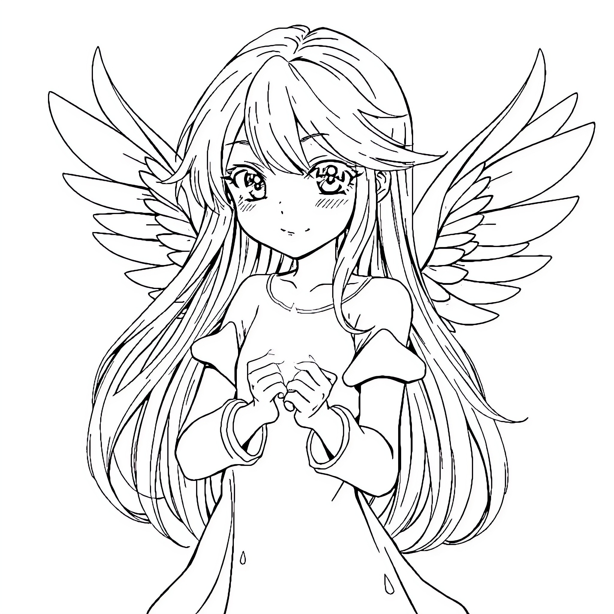 Anime Girl with Angelic Wings and Thoughtful Expression Coloring Page (free black-and-white line drawing printable PDF for all, from beginners to advanced learners, including children, teens, adults, and seniors)
