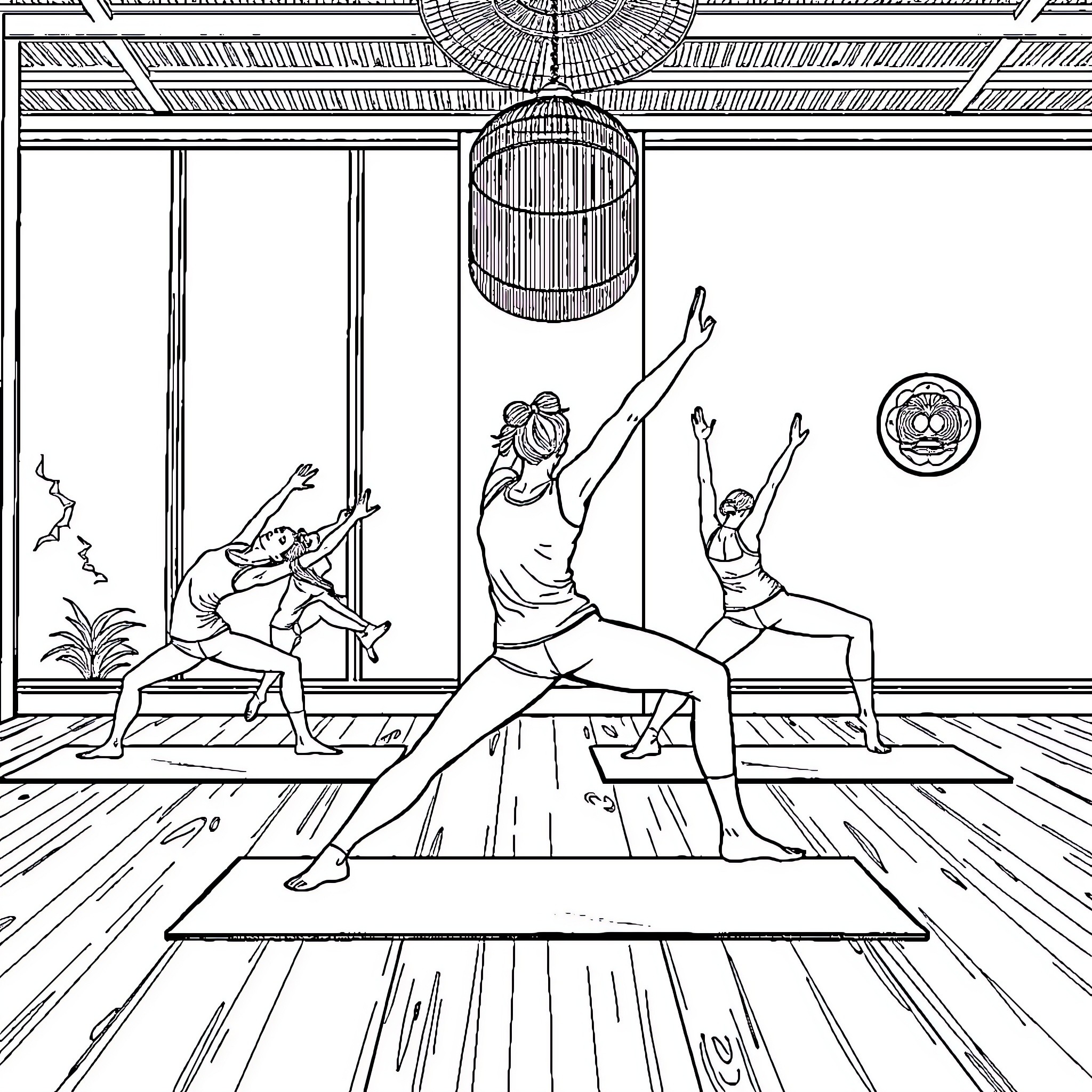 Yoga poses and stretching in a serene studio Coloring Page (free black-and-white line drawing printable PDF for all, from beginners to advanced learners, including children, teens, adults, and seniors)