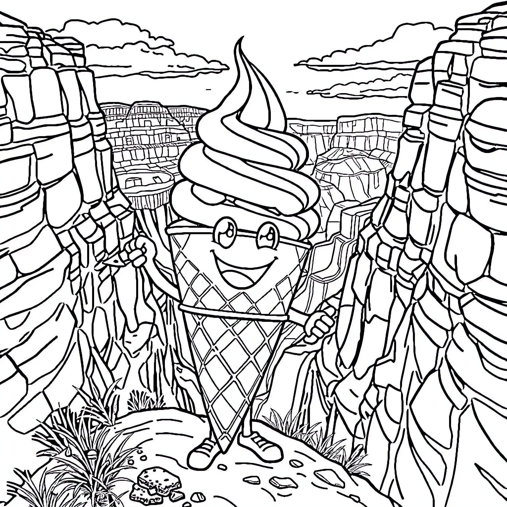 Ice Cream Cone exploring the rocky landscape Coloring Page (free black-and-white line drawing printable PDF for all, from beginners to advanced learners, including children, teens, adults, and seniors)