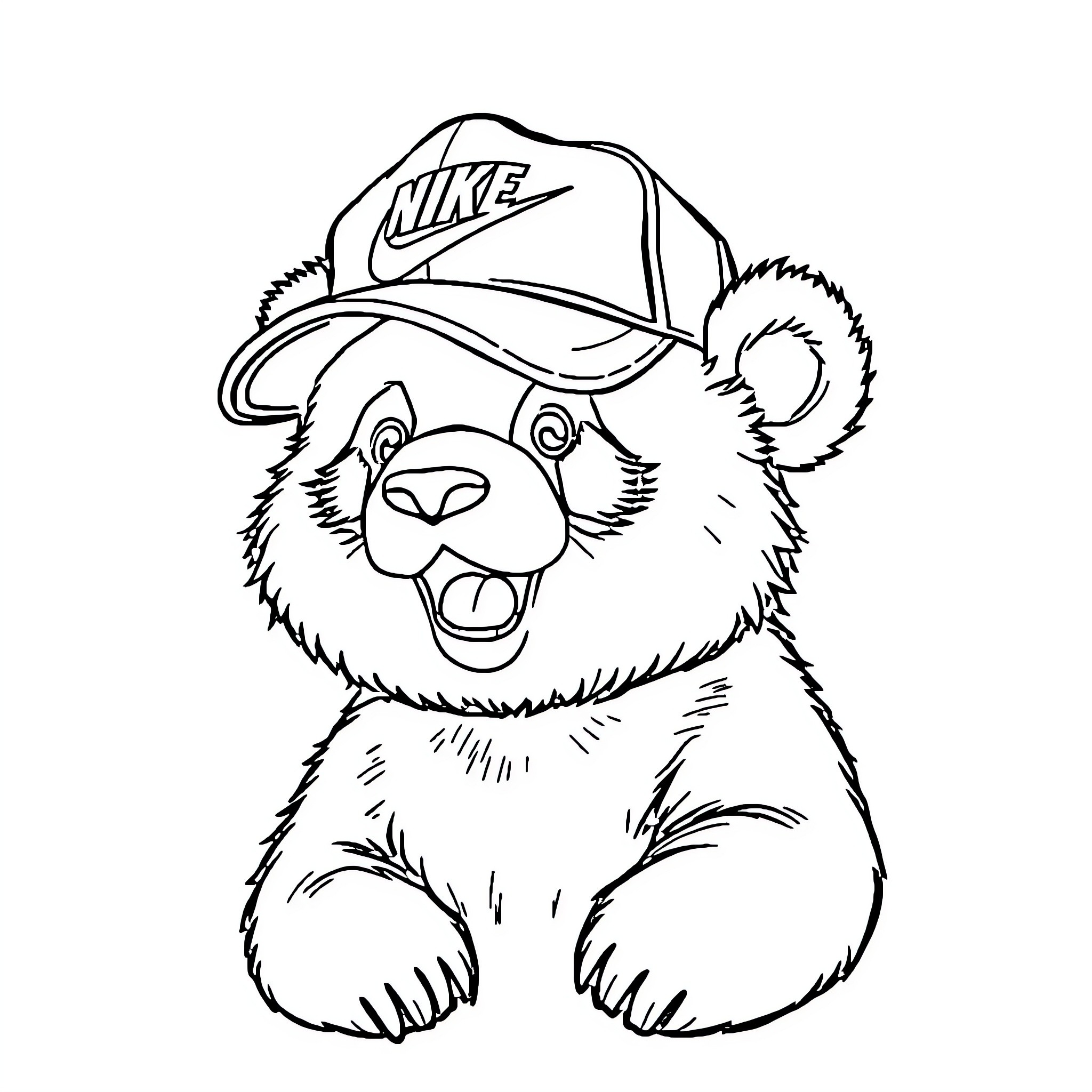 Panda wearing a baseball cap with a playful expression Coloring Page (free black-and-white line drawing printable PDF for all, from beginners to advanced learners, including children, teens, adults, and seniors)