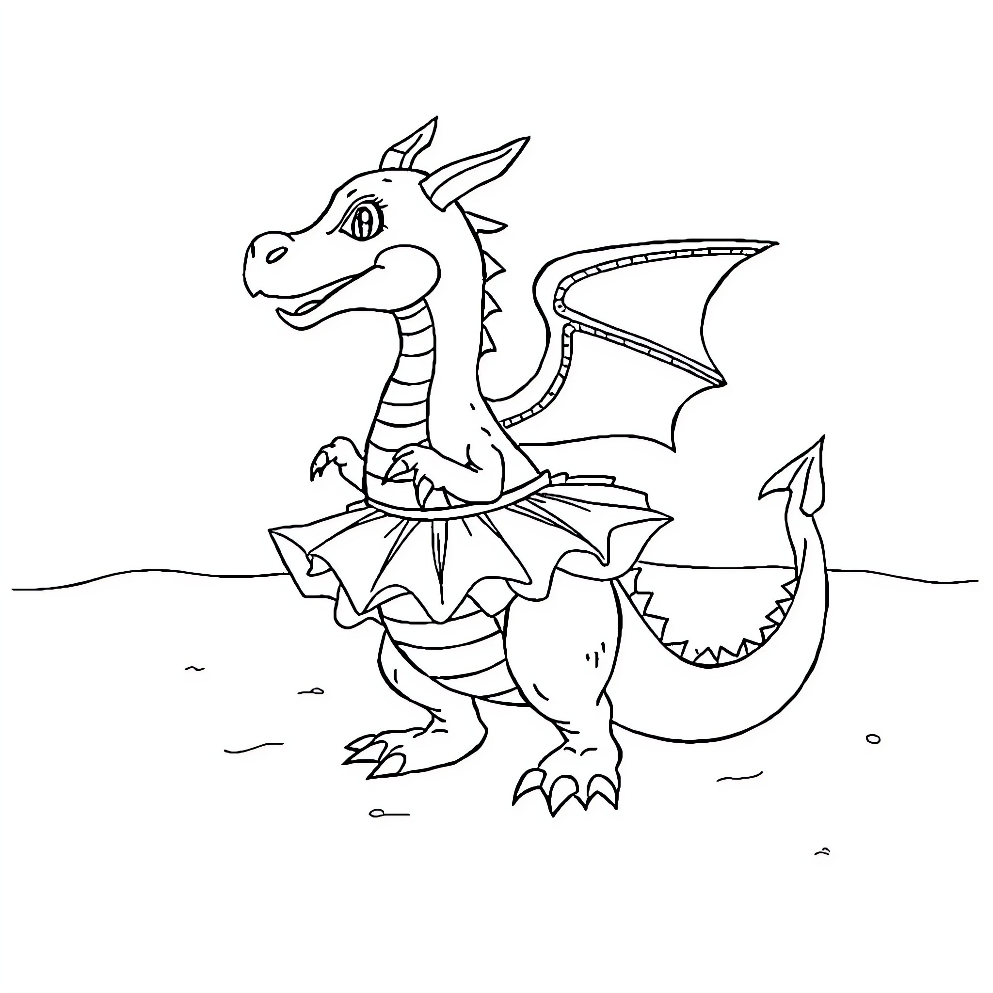 Dragon stretching wings in open field Coloring Page (free black-and-white line drawing printable PDF for all, from beginners to advanced learners, including children, teens, adults, and seniors)