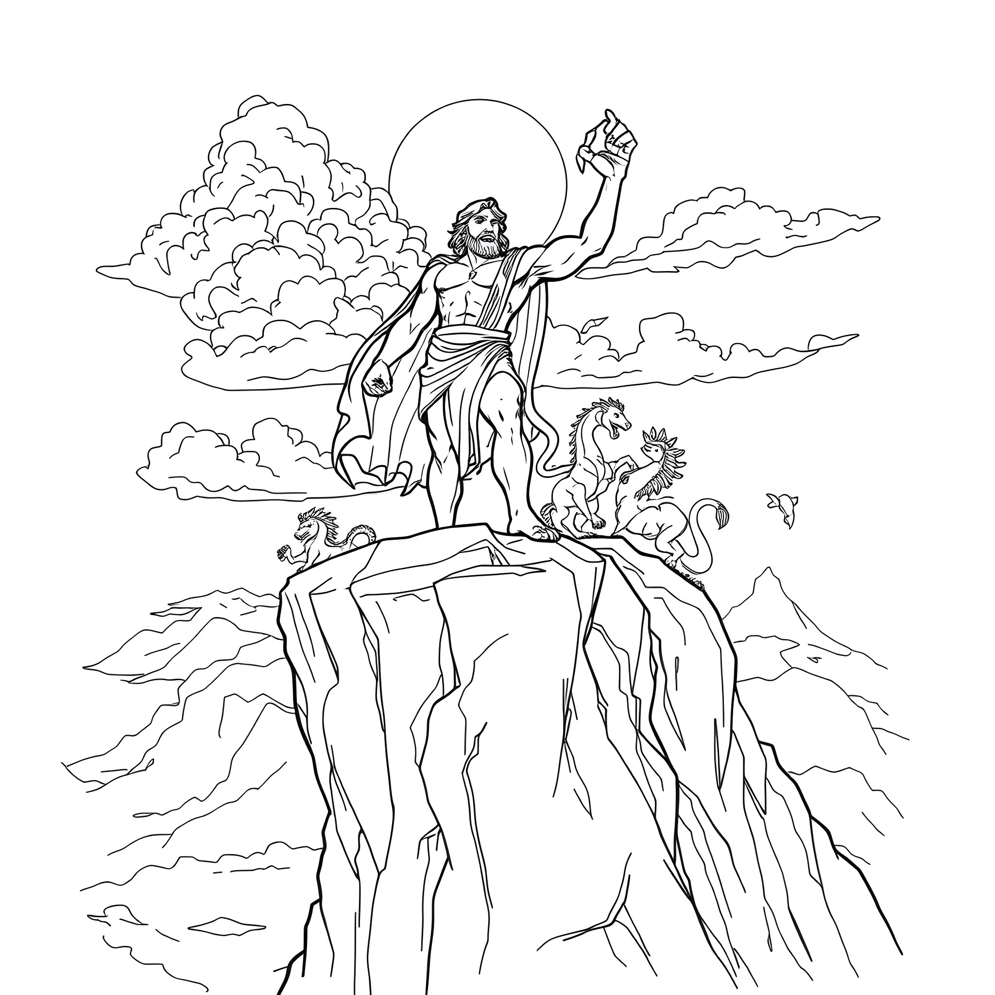 Hercules triumphantly stands atop a rocky cliff Coloring Page (free black-and-white line drawing printable PDF for all, from beginners to advanced learners, including children, teens, adults, and seniors)