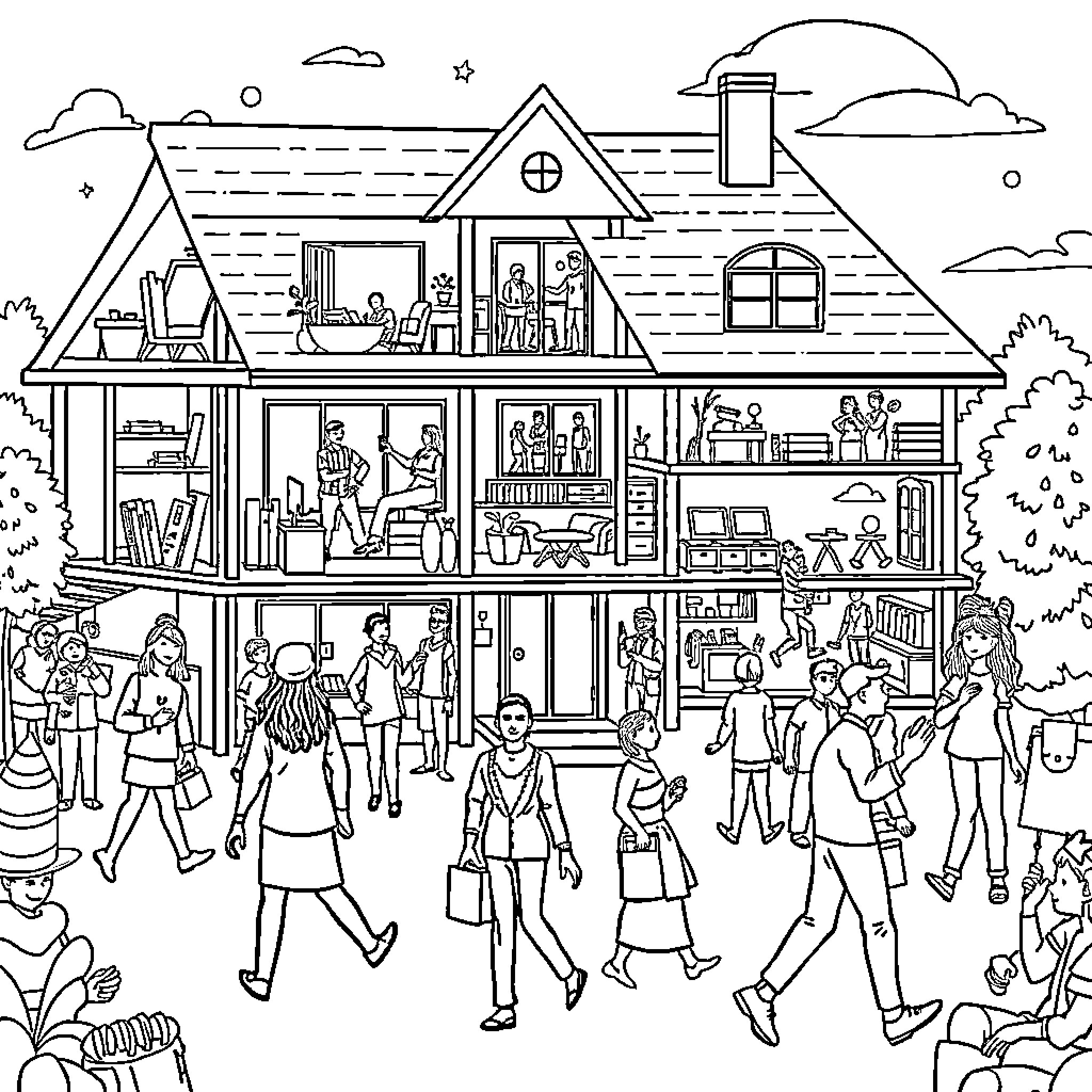 House with people engaging in various activities Coloring Page (free black-and-white line drawing printable PDF for all, from beginners to advanced learners, including children, teens, adults, and seniors)