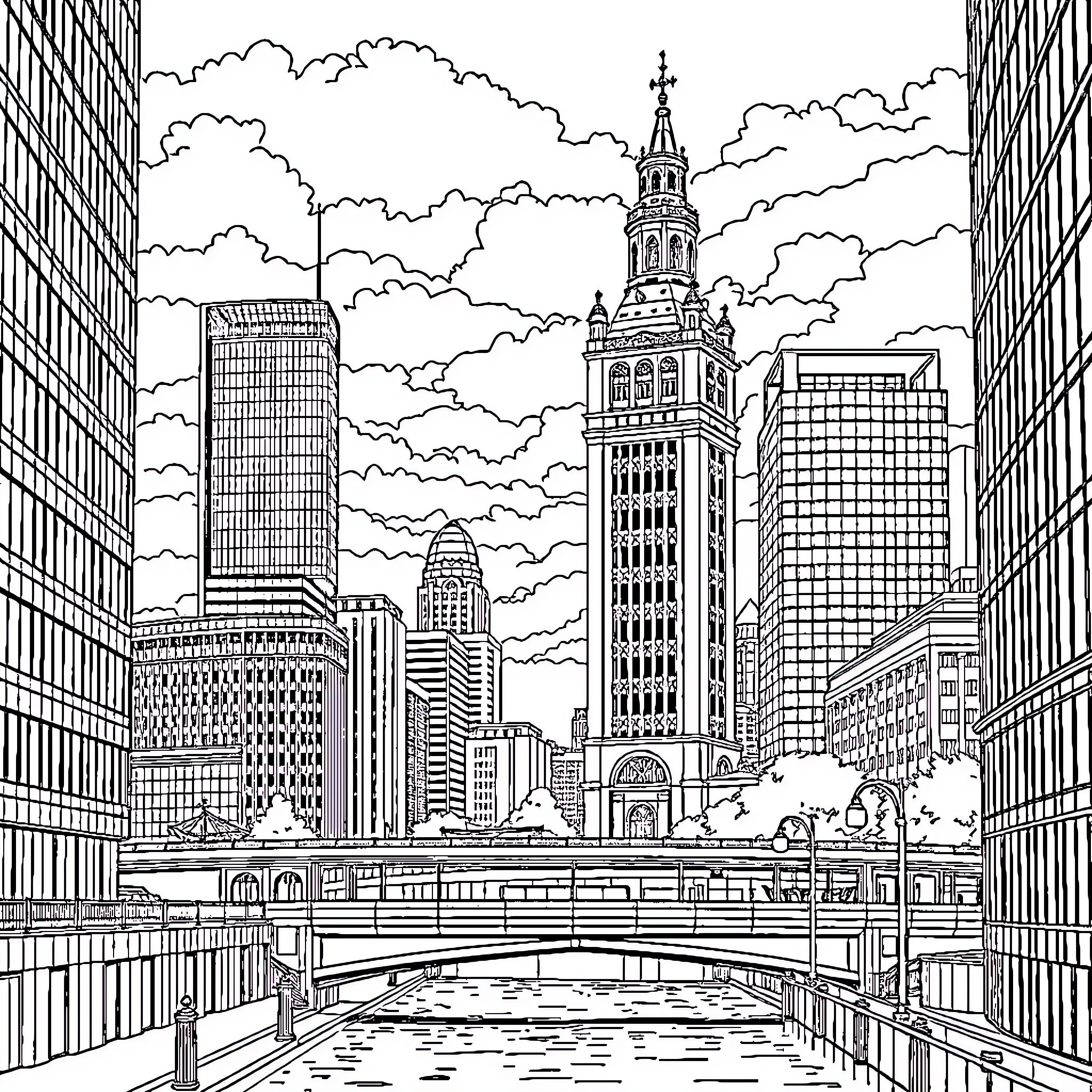 Liverpool Cityscape with Iconic Buildings and Skyscrapers Coloring Page (free black-and-white line drawing printable PDF for all, from beginners to advanced learners, including children, teens, adults, and seniors)
